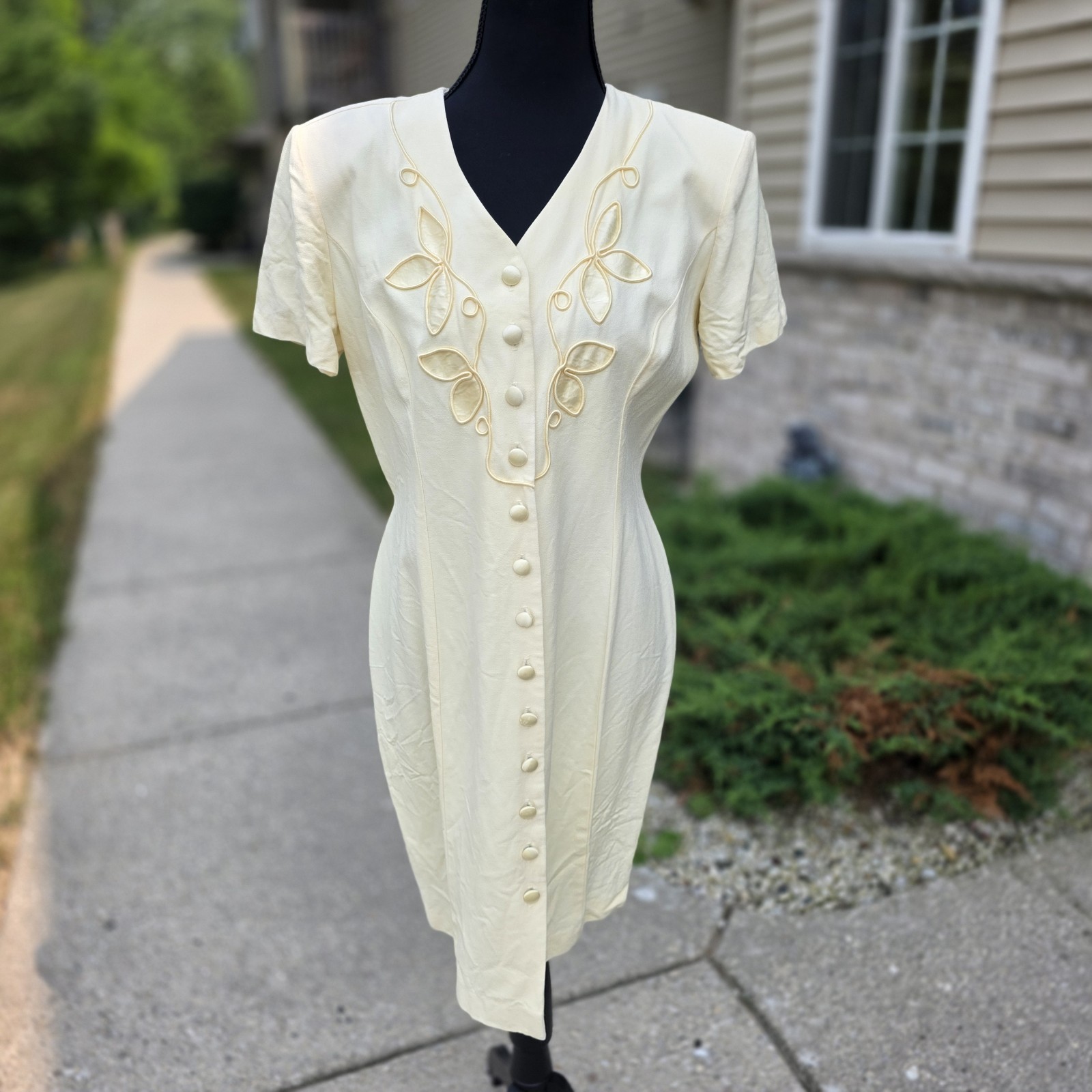 Vintage Dawn Joy Fashions Yellow Button Front Dress USA Rayon Acetate Size 12