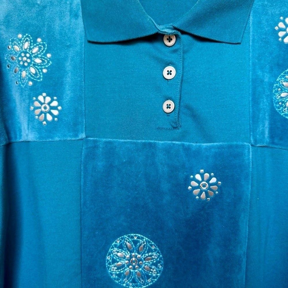 Vintage Alfred Dunner Teal Velour Patchwork Polo Top ✨ Size L