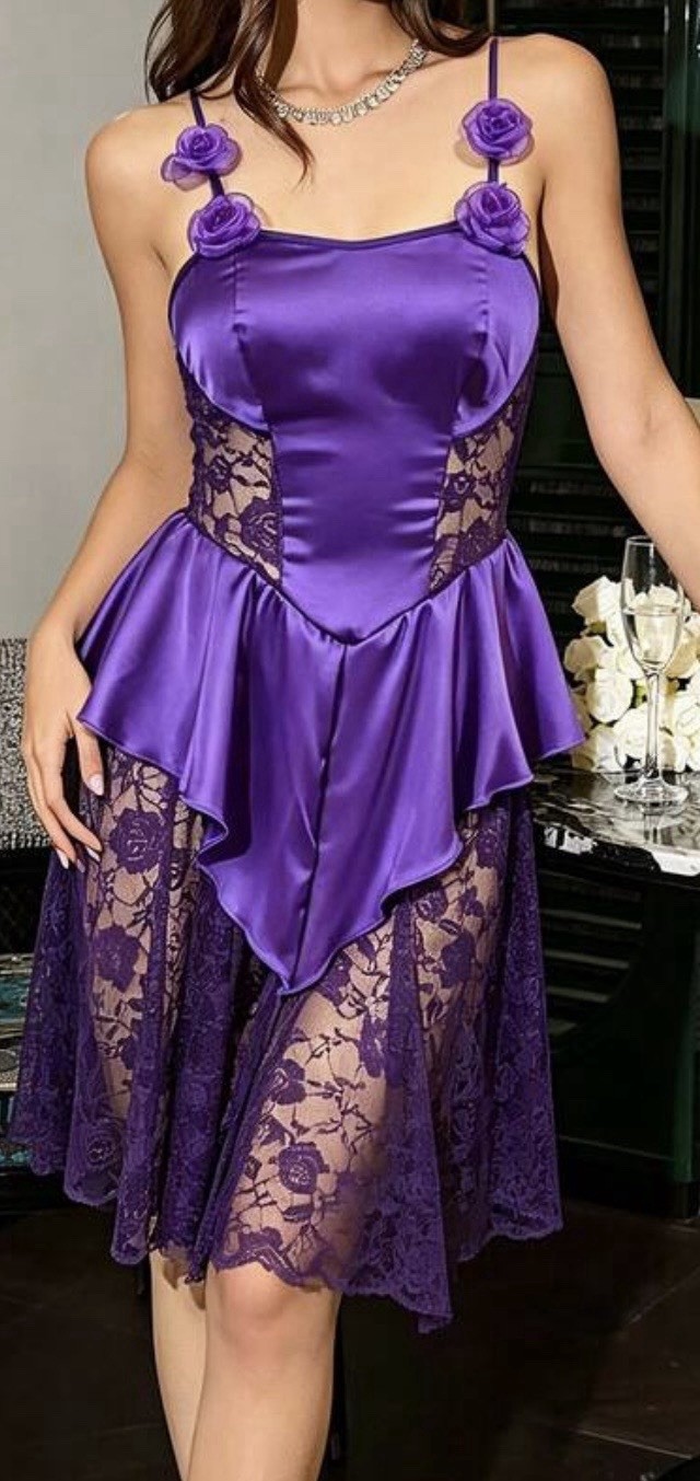 Glossy Purple Satin & Sheer Lace NIGHTGOWN Open Back Vtg Style Cami GOWN XL NEW