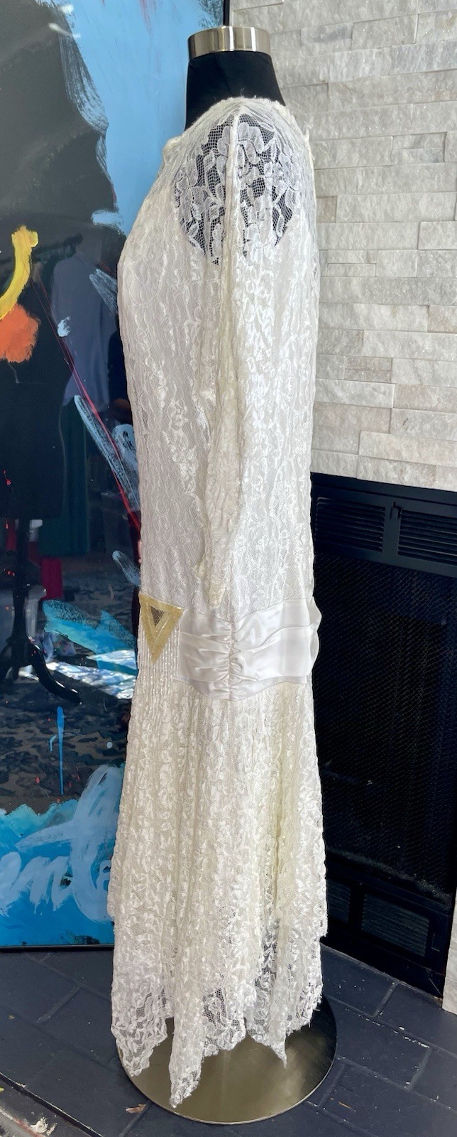 Vintage Victorian 80’s White Lace And Sequin Drop Waist Dress Asymmetrical Hem