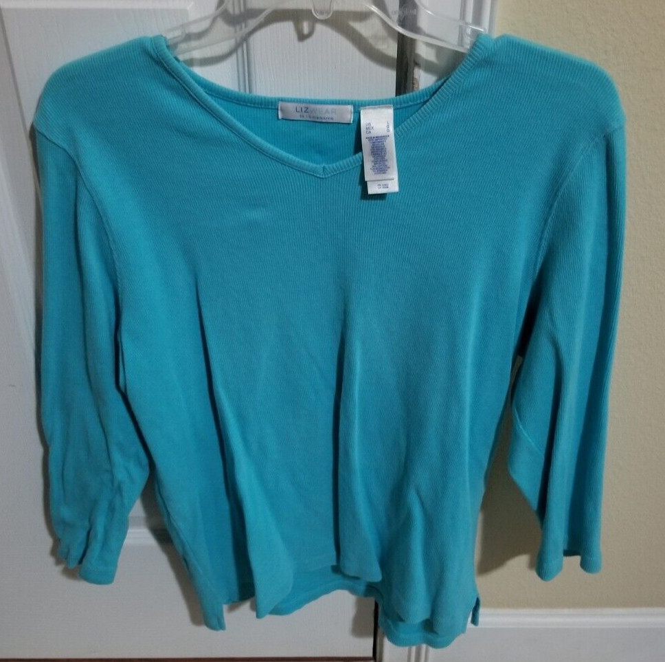 VTG LizWear Turquoise Size L Top with V-Neck & 3/4 Sleeves Cotton/Spandex-Nice