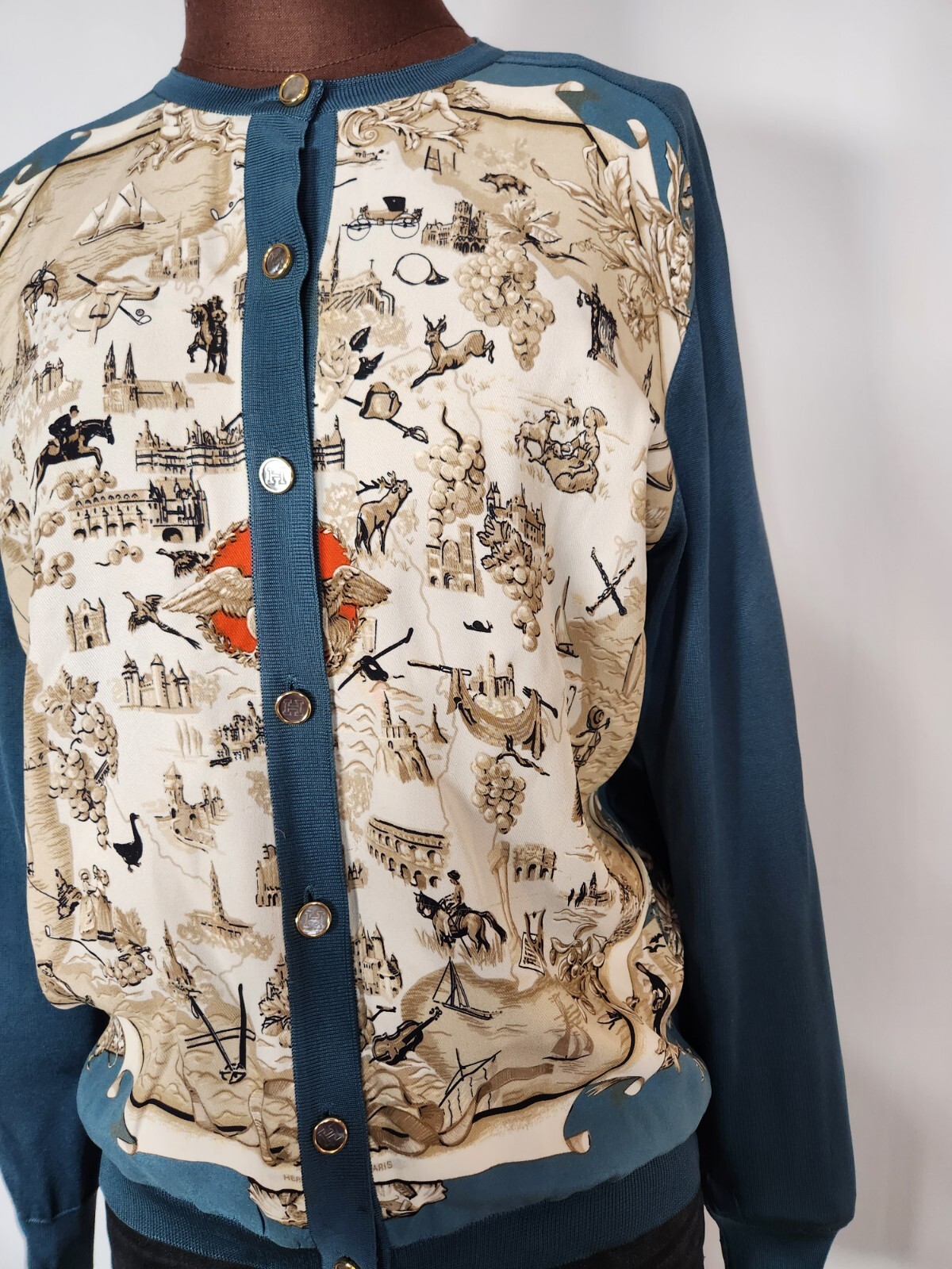 Hermes Paris Silk Panel Cardigan Button Up Sz 40 Turquoise Blue Print Vintage