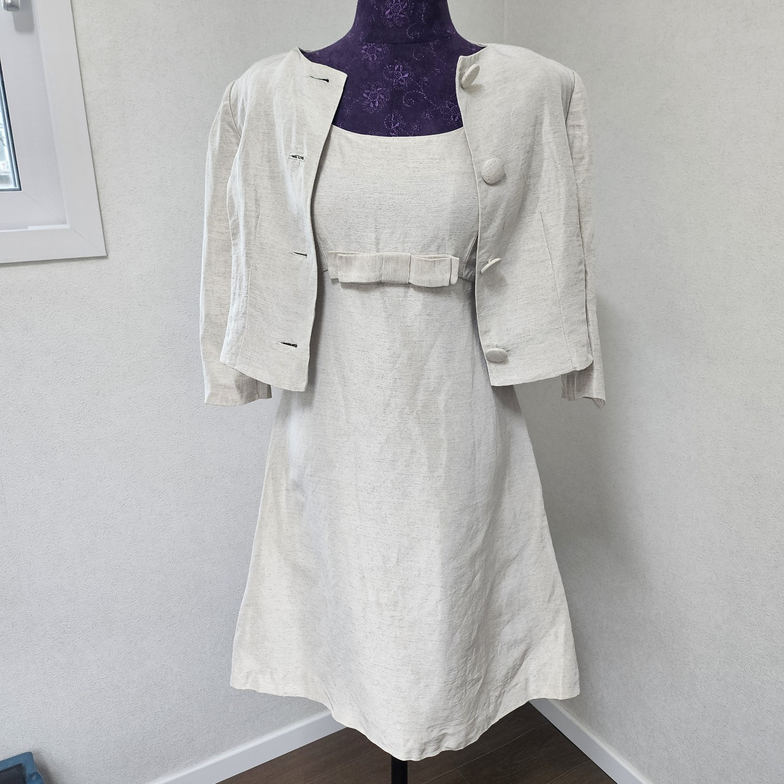 Vintage Auth La Mode Balenciaga Paris Linen Dress Jacket Set Size 38