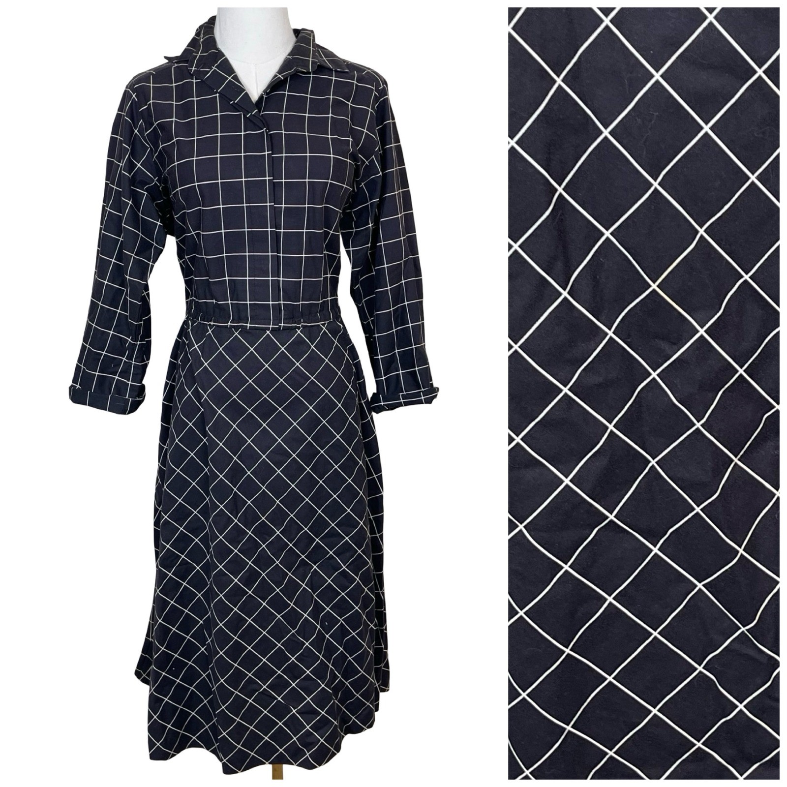 Vintage The Shirtdress Grid Midi Dress Womens 14 Black White Windowpane 70s 80s