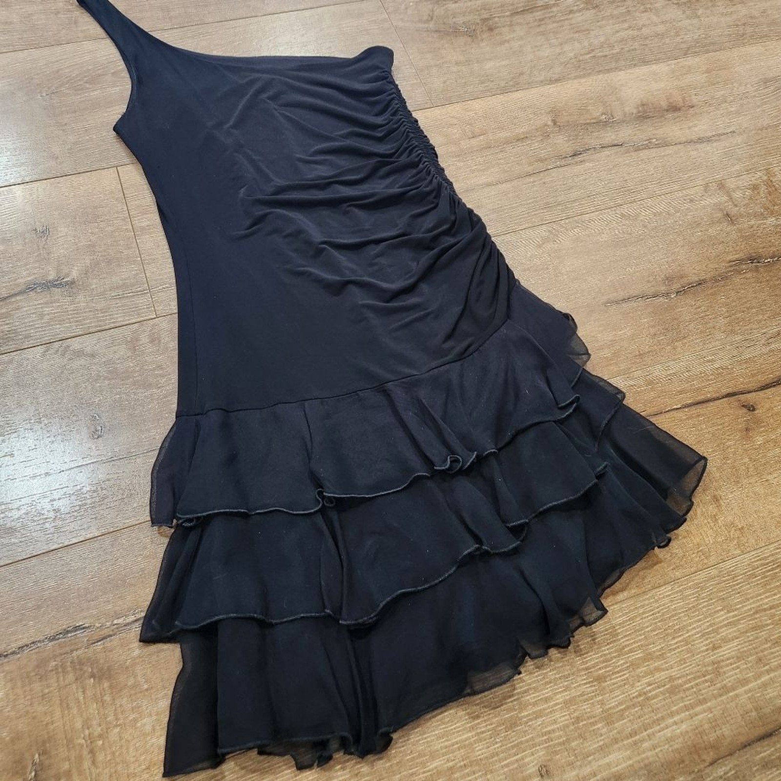 Vtg Y2K Bebe One Shoulder Ruched Tiered Fairy Black Mini Dress Med whimsygoth