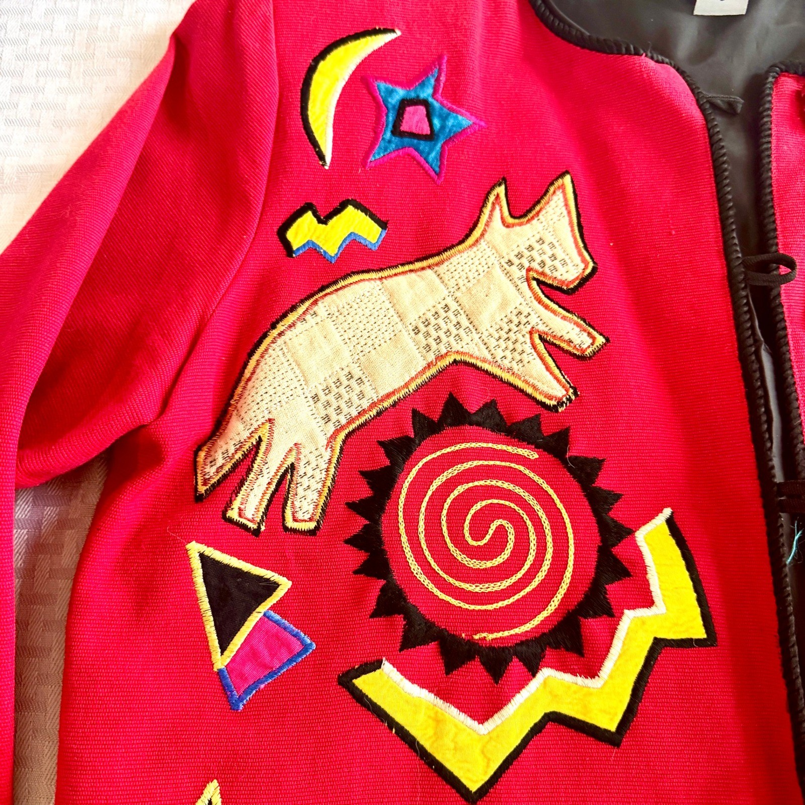 Indigo Moon Vintage Wearable Art Jacket Red Celestial Animal Embroidered Small