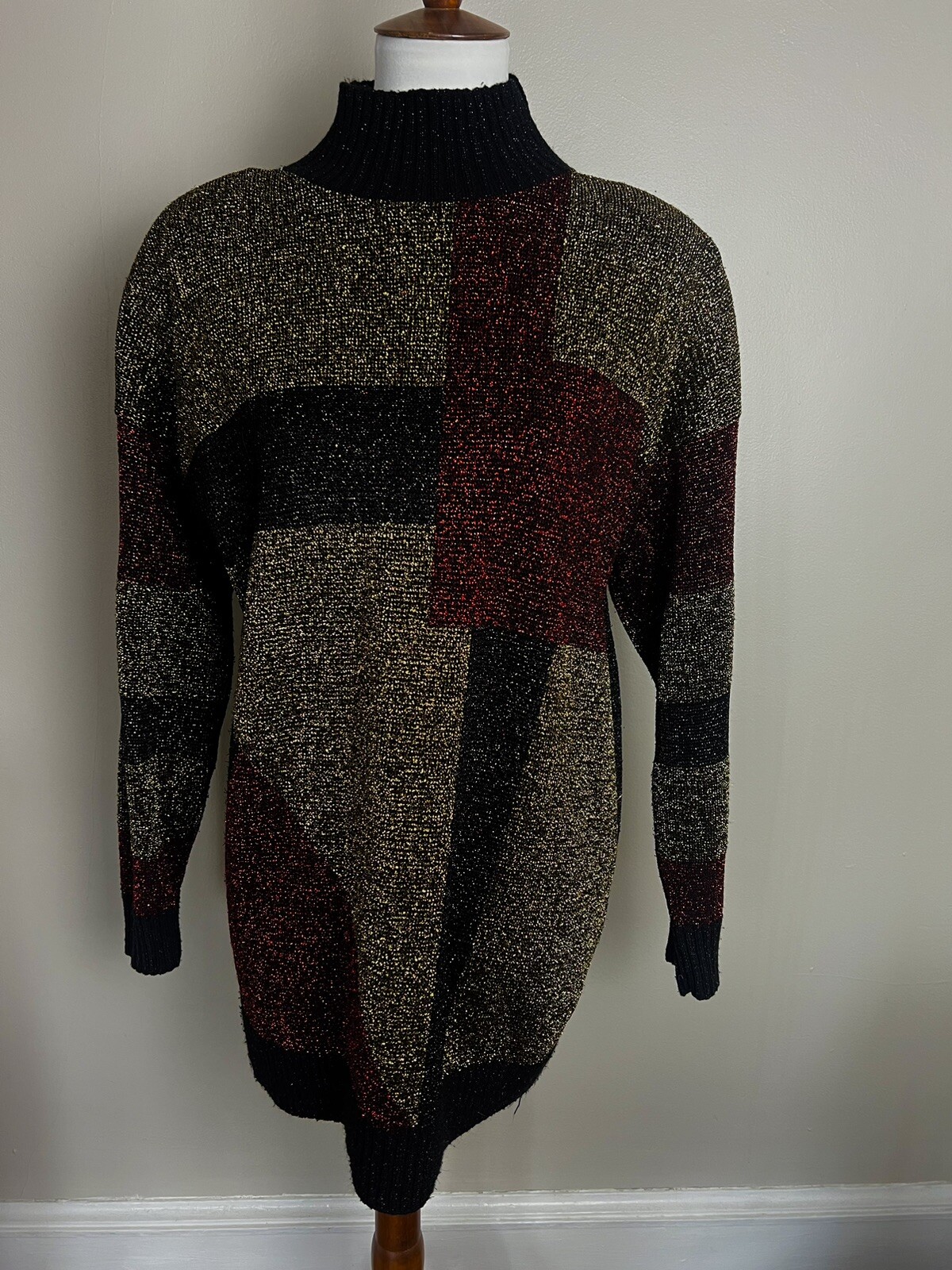 Vintage Lurex Long Sweater Gold Burgundy Black Square Pattern Tunic Mini Dress