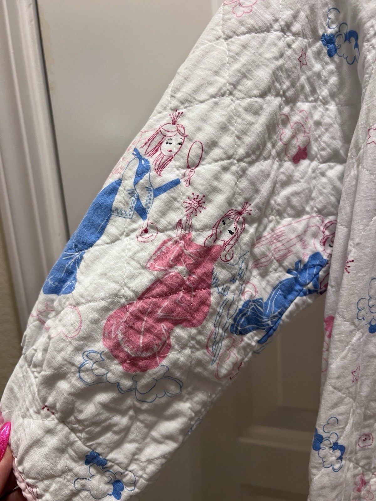 Vintage Sears Quilted Housecoat Robe Angels Fairies Pink Blue Cottagecore