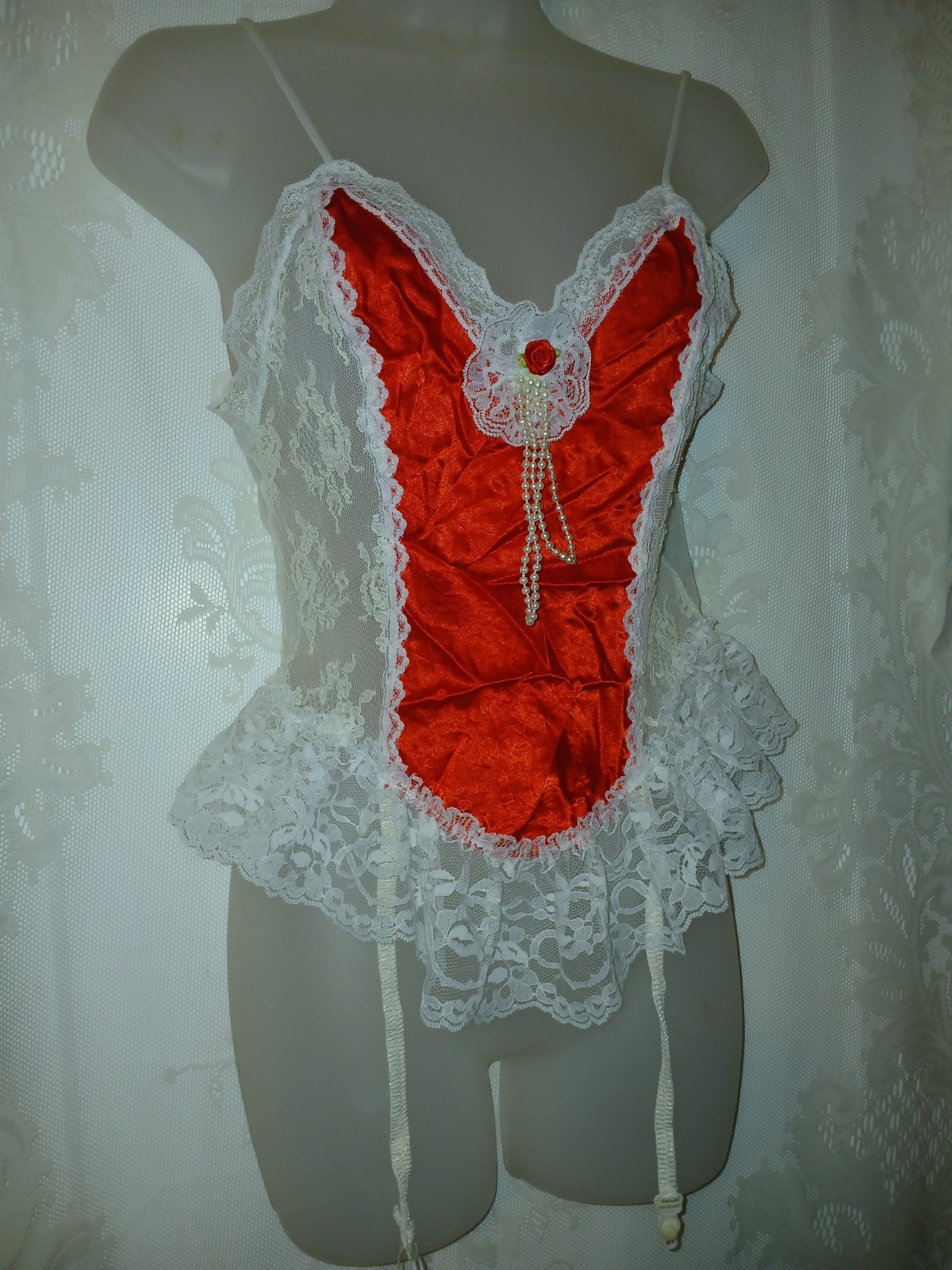 Vintage 80s Nan Flower Red Satin White Ruffled Lace Teddy Lingerie Garters M