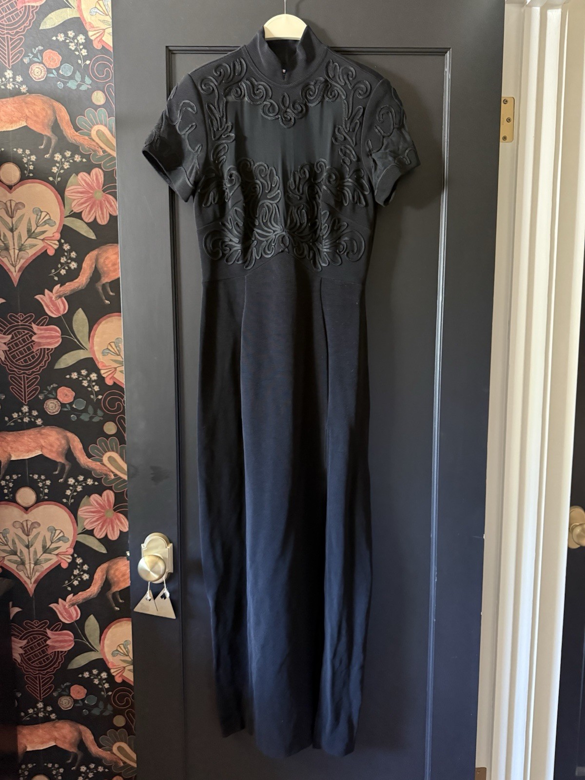 Vintage Tadashi Shoji Evening Gown Black Embroidery Size M 80s 90s Stretch Slit