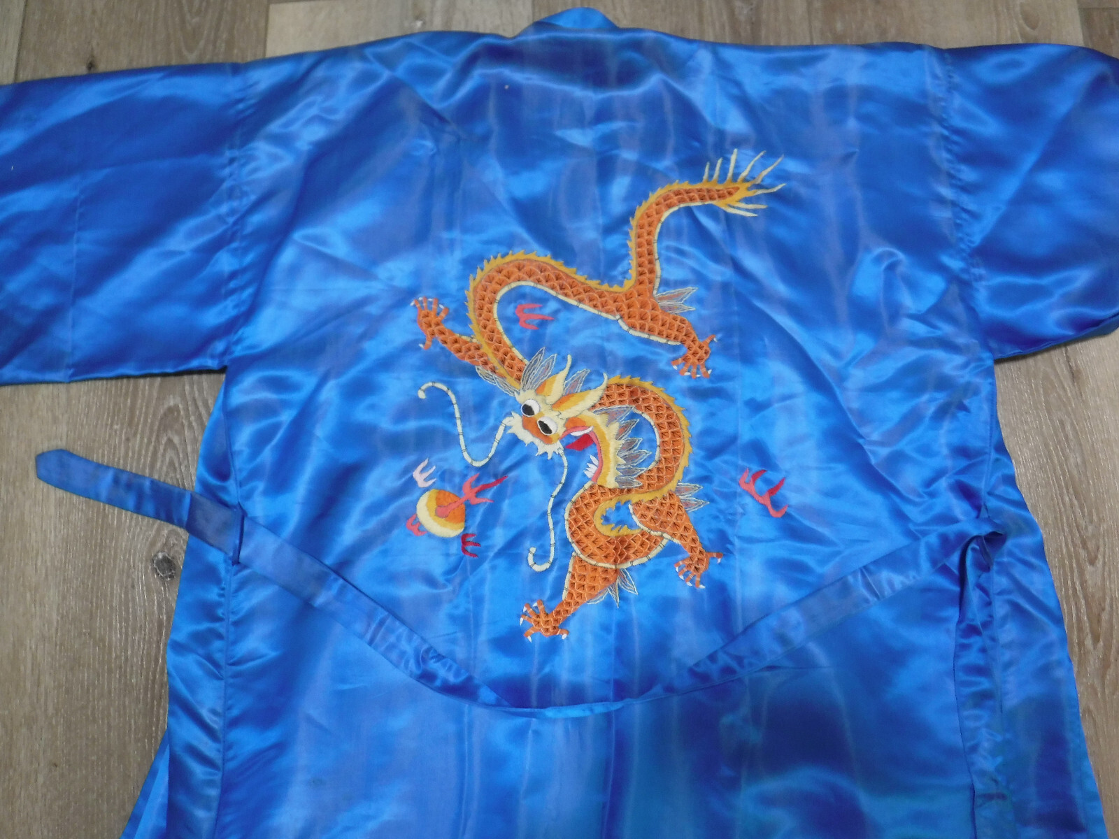 PFR VTG Golden Dragon Chinese Hand Emdroidered 100% Silk Blue Robe Kimono Med