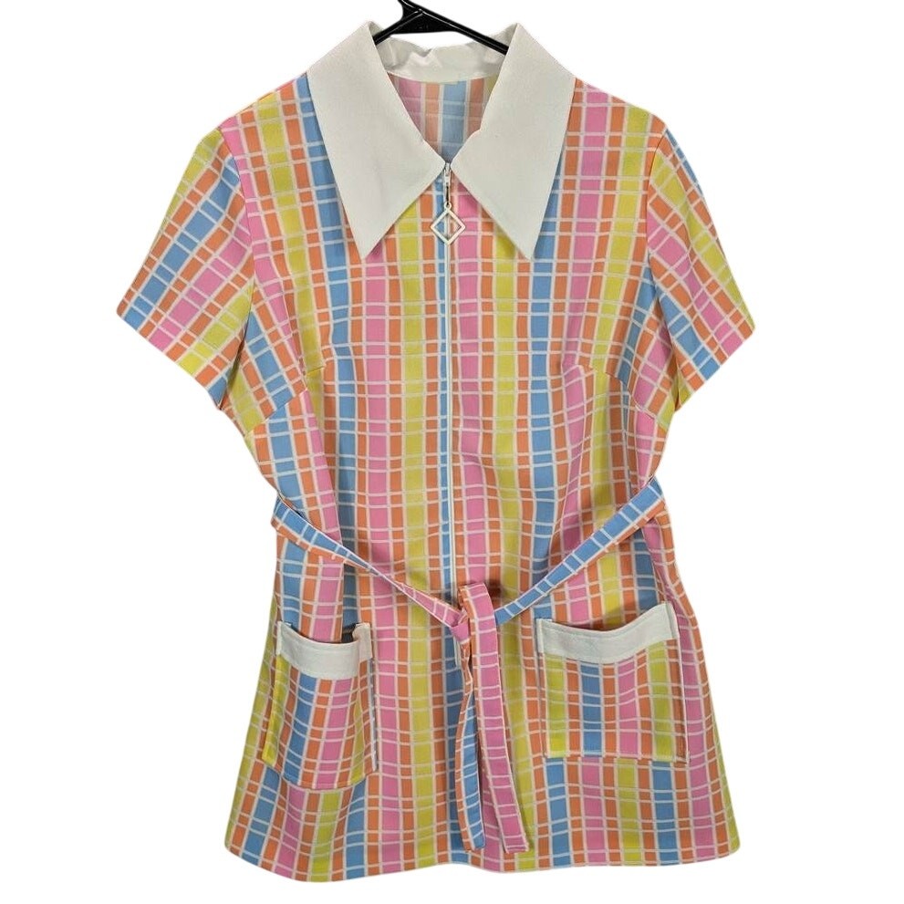 Vintage Tunic Womens Large Shirt Plaid Rainbow Short Sleeve Zip Belted Retro 70s