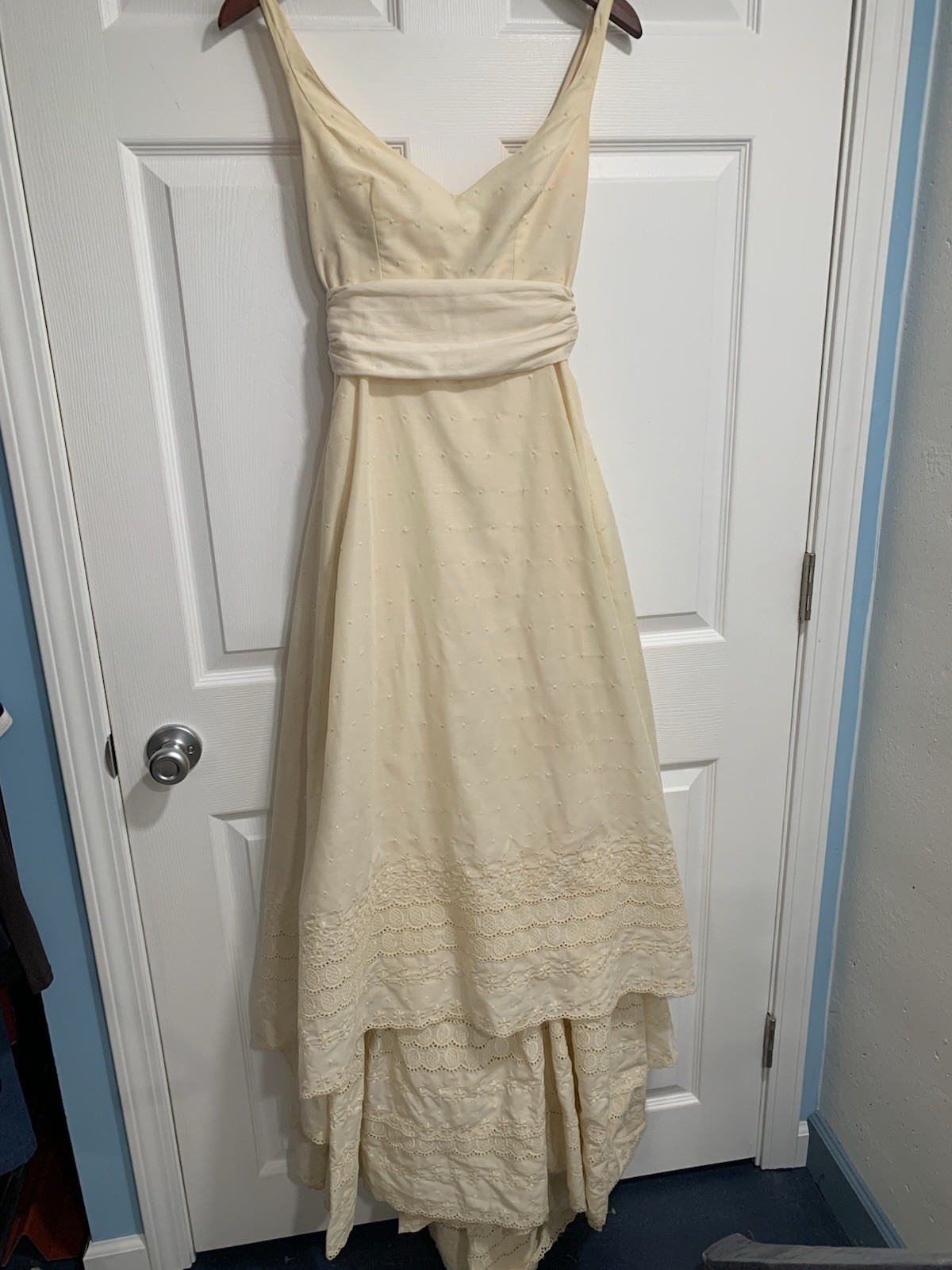 Vintage Dress Eyelet Prairie Bohemian WEDDING Off White Sleeveless Bow Train Sz?