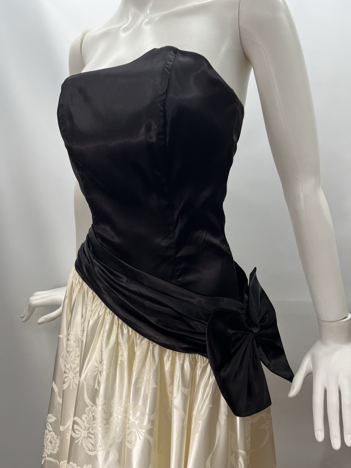 Vtg 80s Zum Zum Satin Prom Dress Strapless Black Embossed Floral Ivory Bow 5/6