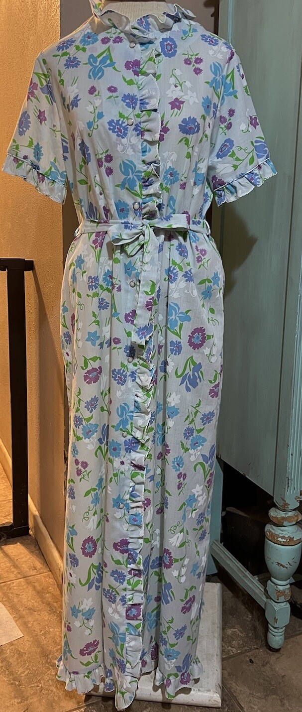 VTG Smart Time Floral Ruffle House Dress Snap Button Mumu Cottage Core Large L