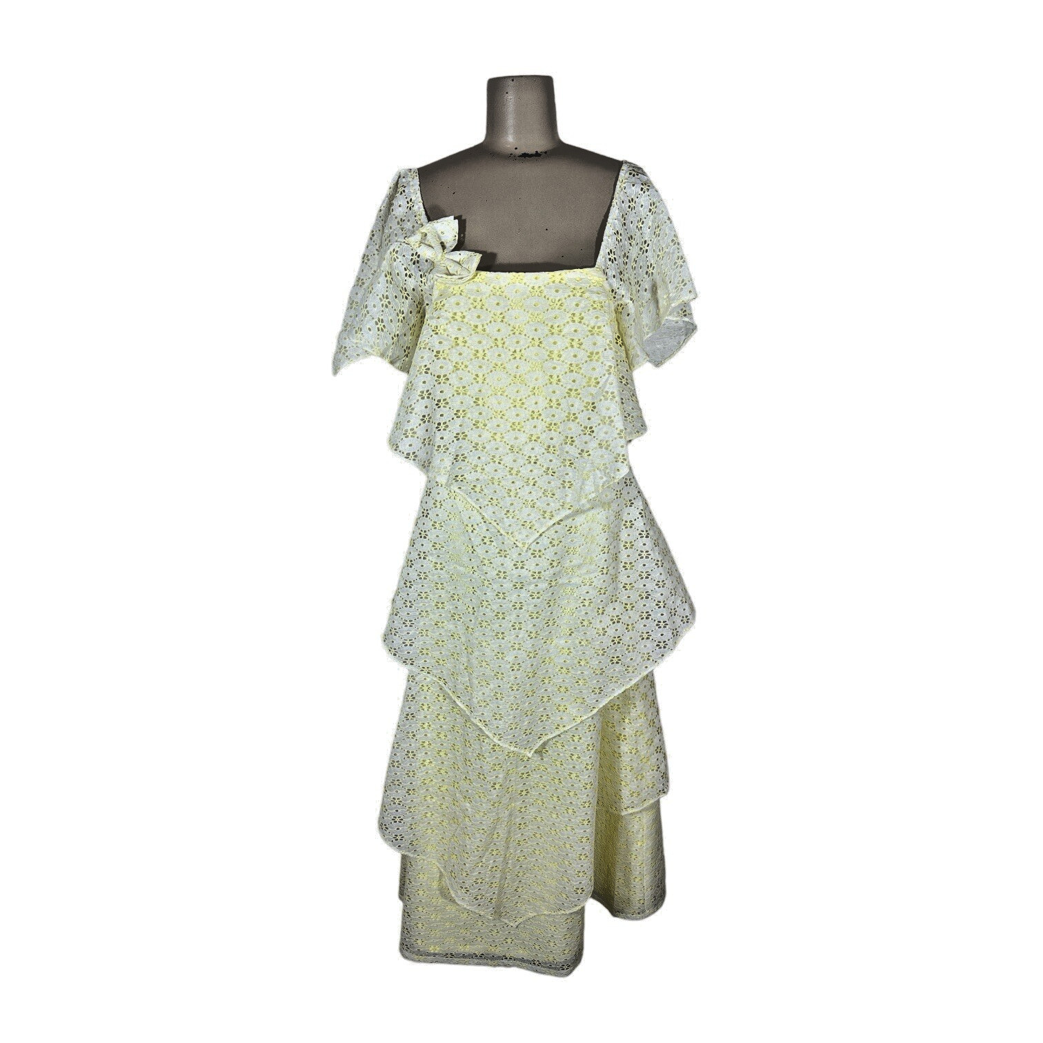 Vintage Yellow Tiered Eyelet Lace Country Cottage Chic Prarie Maxi Prom Dress