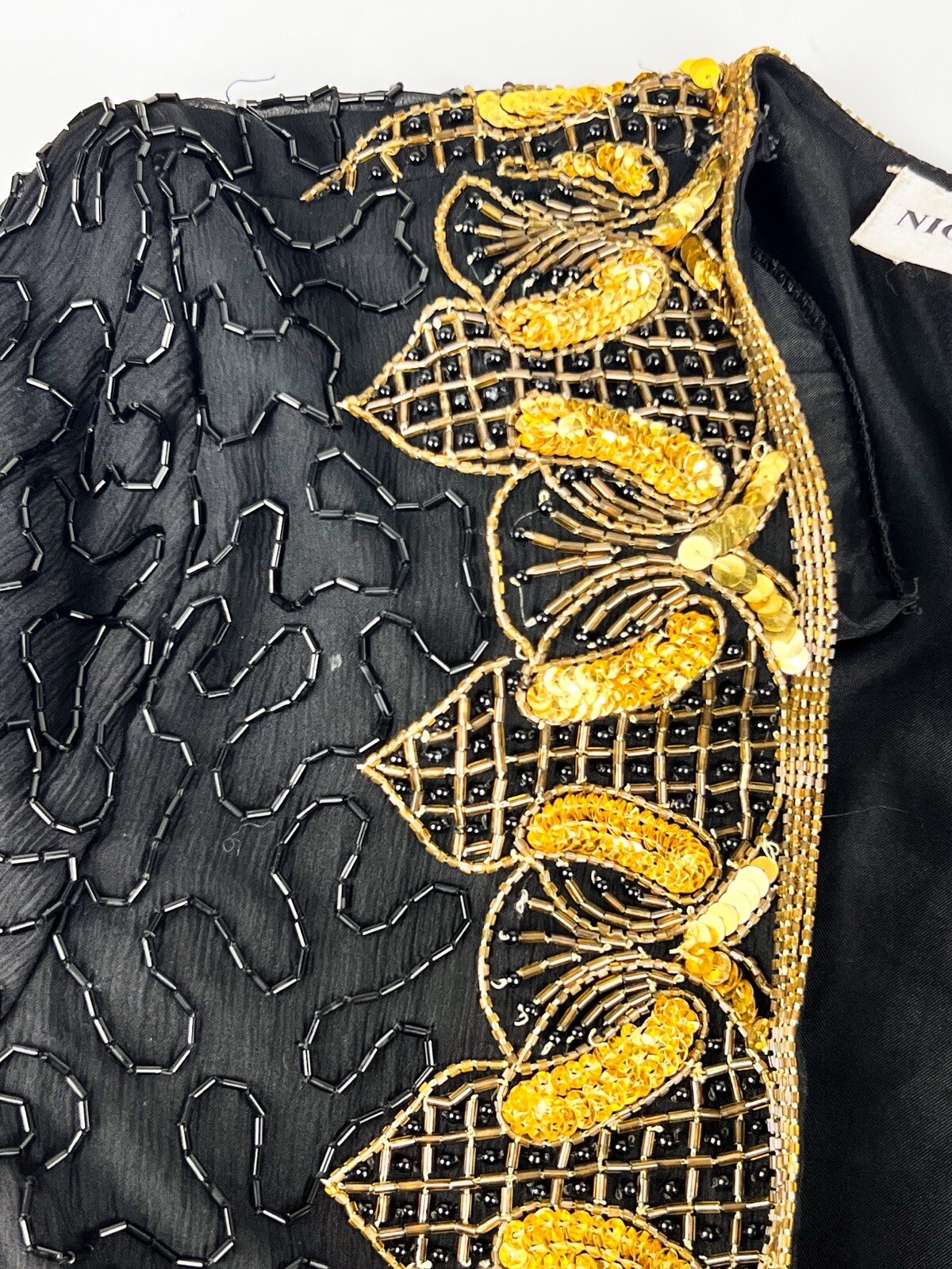 Night Vogue Beaded Evening Jacket Lined Black 100% Silk Open Front Gold Size M
