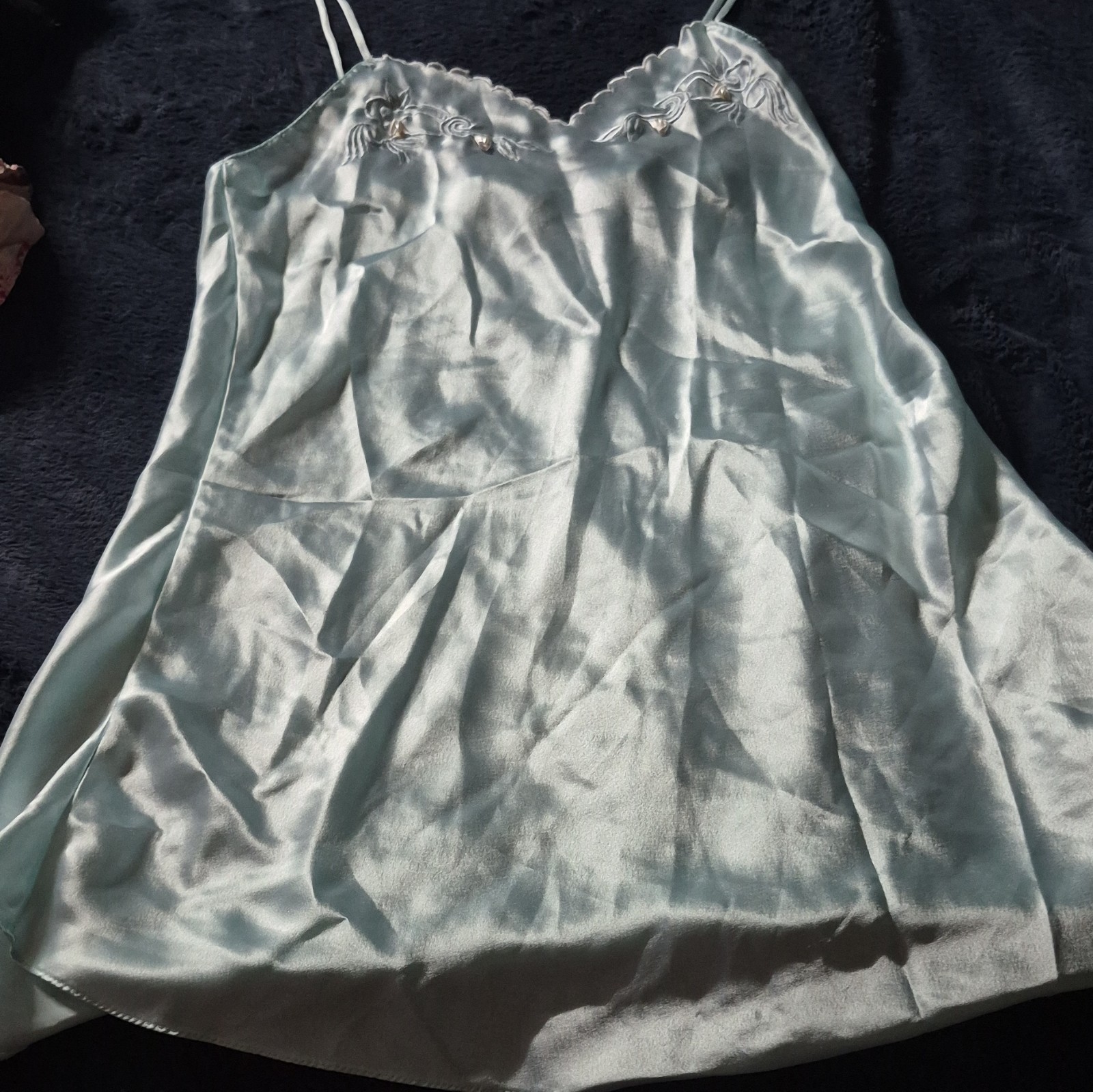 Val Mode Lingerie Blue Satin Slip Floral Embroidery V-Neck Spaghetti Straps