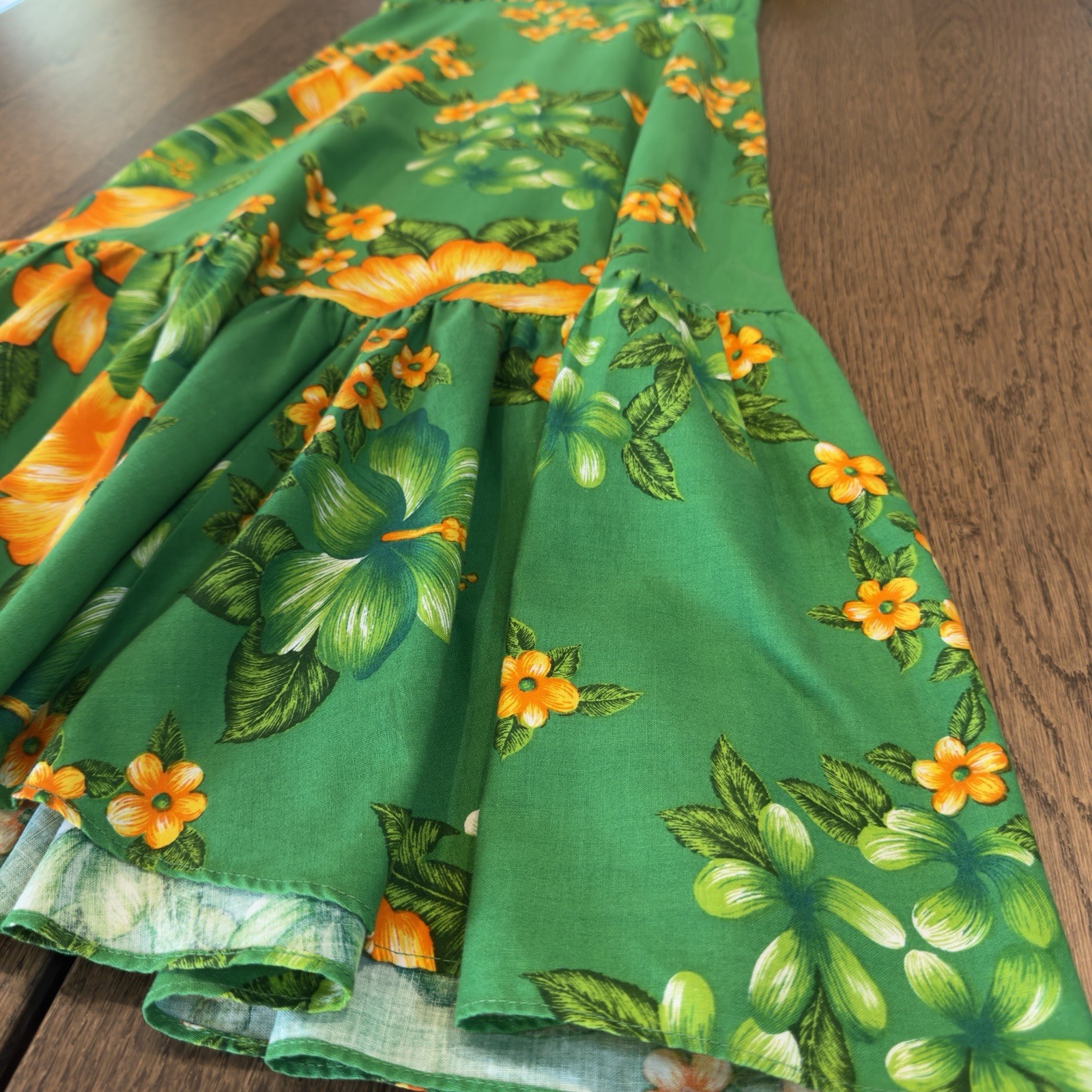 Vintage 70’s Royal Hawaiian Dress Womens M Green Yellow Hibiscus Cotton Smocked