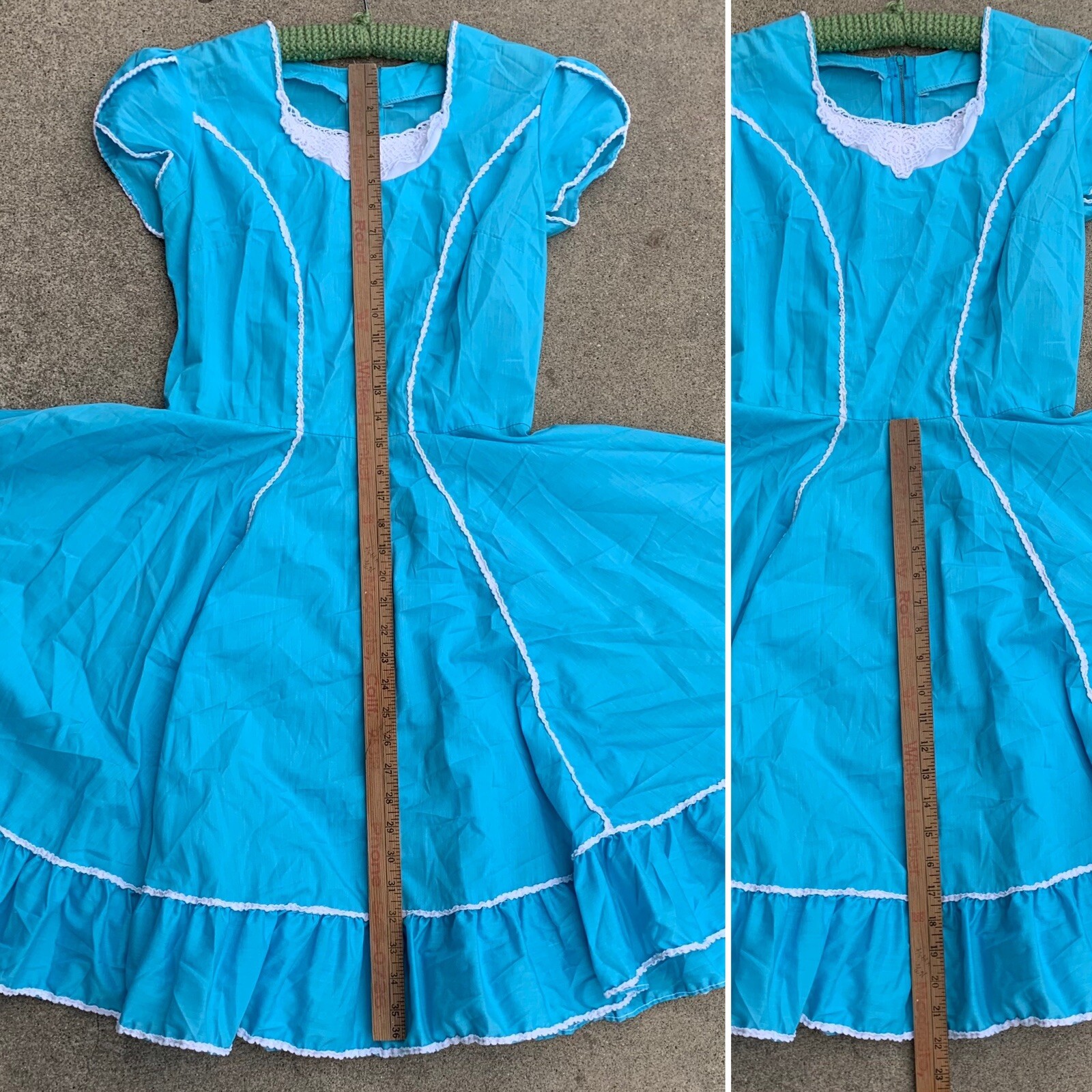 vintage square dance dancing dress with metal zipper blue with white accents