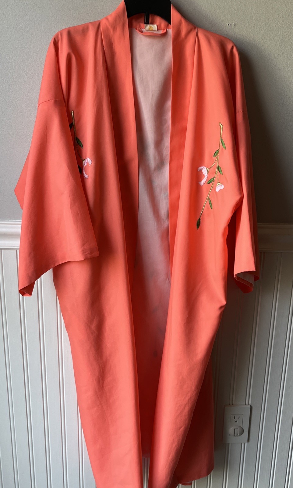 Peach Kimono Robe w/ Embroidered Peonies OSFM Made In Japan