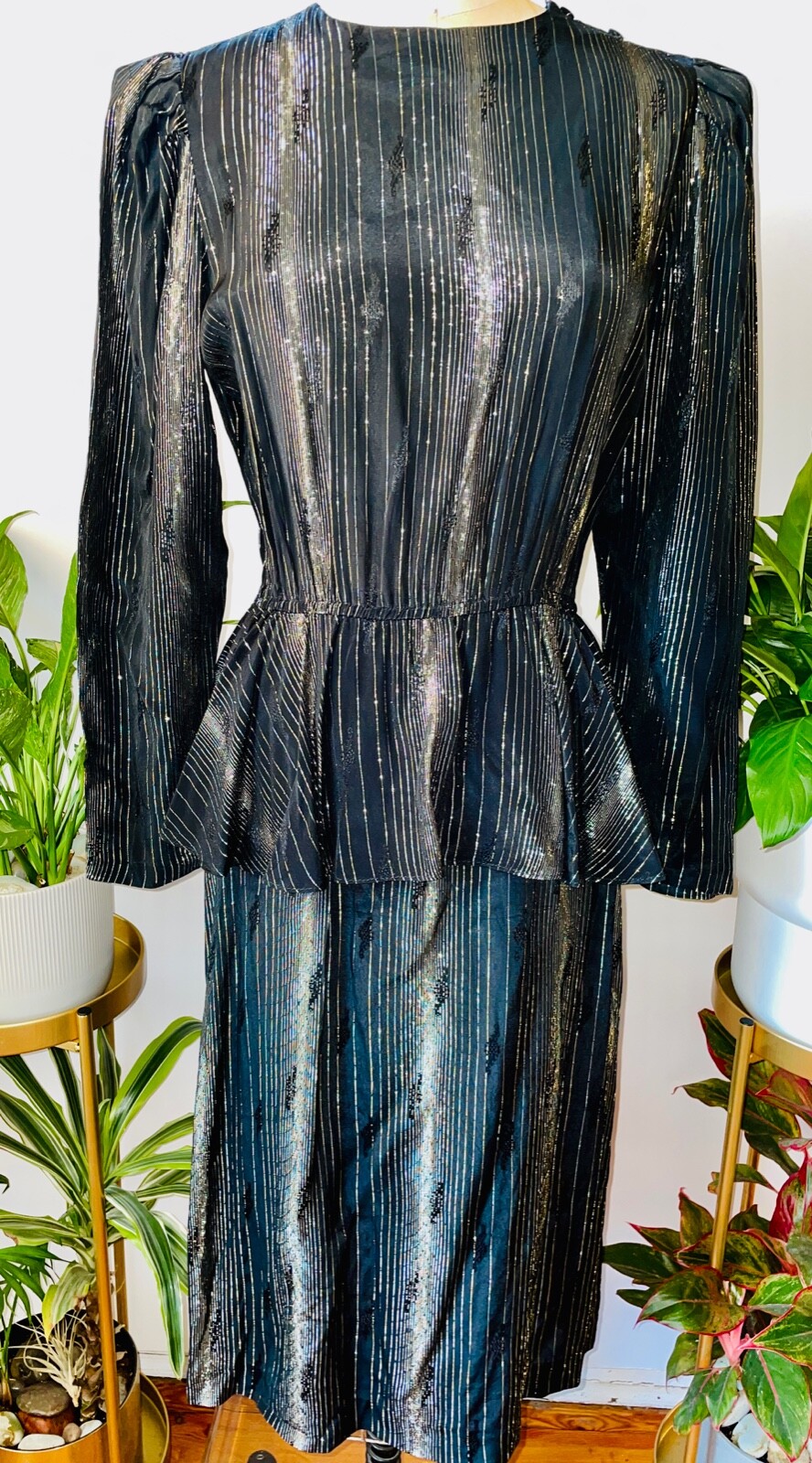 VTG 70’S S NANCY BRACOLINI SHANGRI-LA METALLIC GOLD&SILVER STRIPE PEPLUM DRESS*S