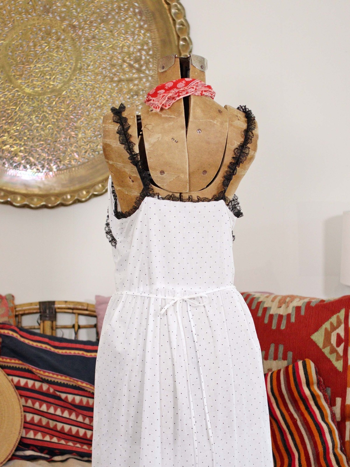 VTG 1950s White Ditsy Polka Dot Cotton Midi Slip Lingerie Dress with Black Lace