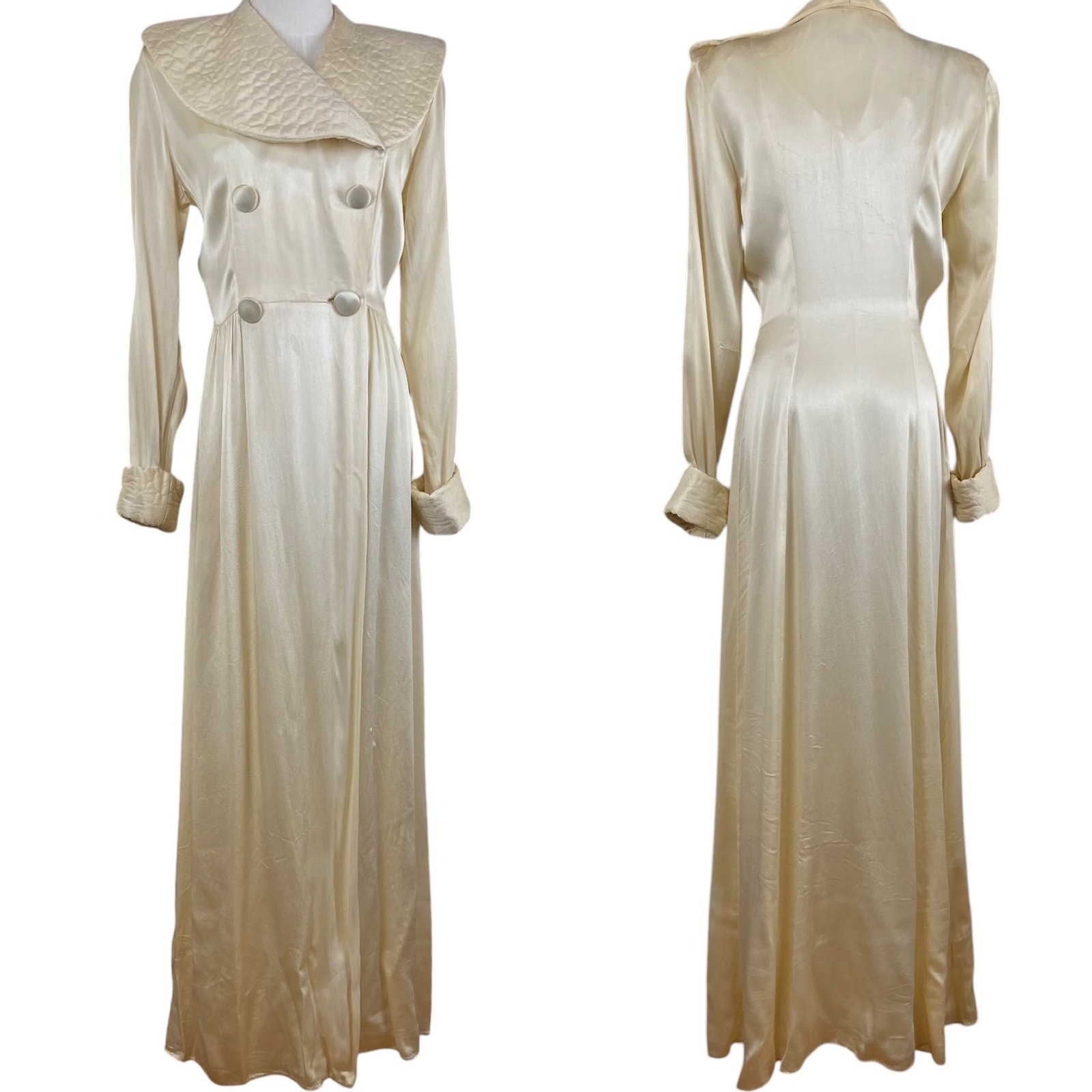 Vintage 30s 40s KAMORA Ivory Liquid Satin Maxi Dressing Gown Robe Women’s Size S