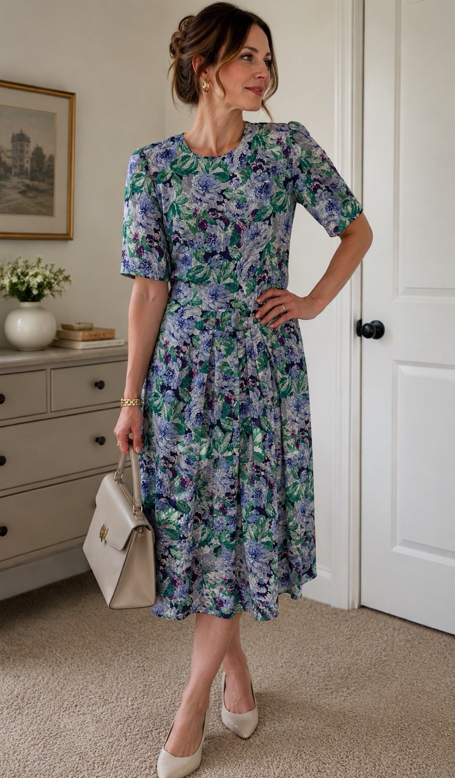 100% SILK 80s VTG Maggy London Petites Floral Watercolor Midi Dress Romantic 2P