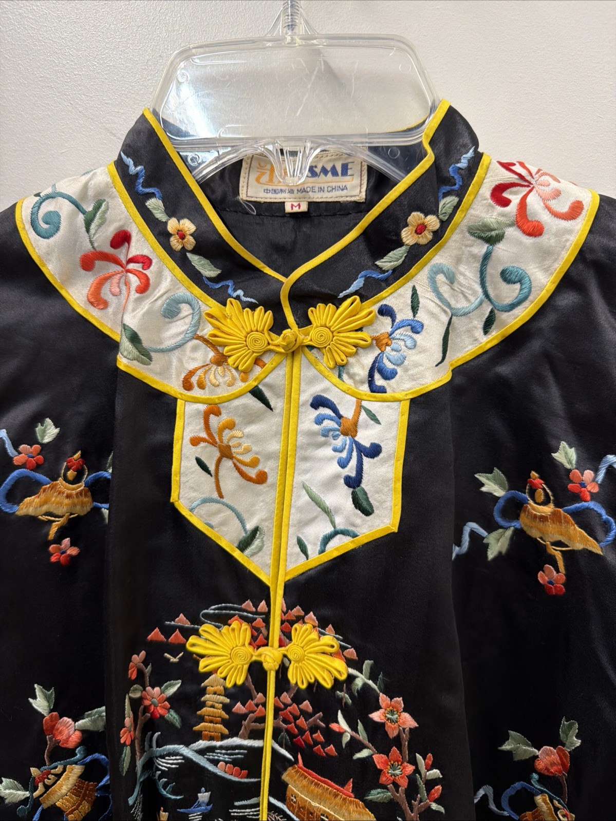 Vintage Esme Chinese Silk Blend Embroidered Jacket Robe Pajama Top Black Size M