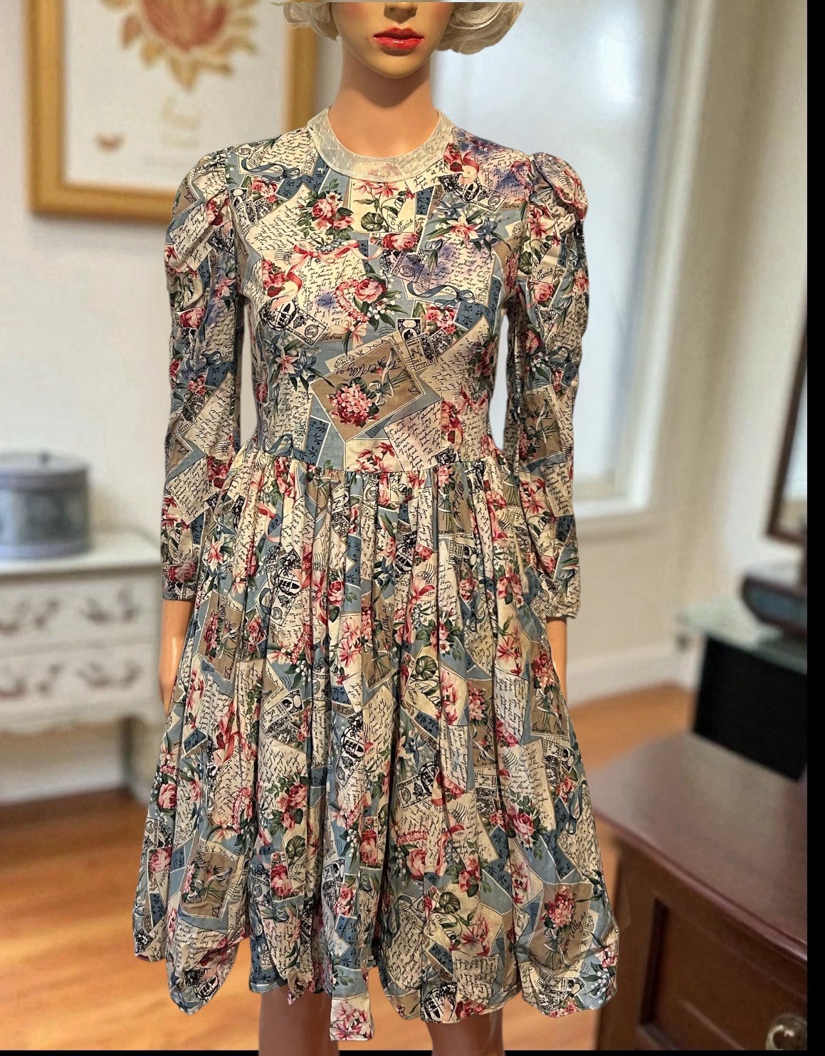 Vintage 90s Dress Size 30W M Novelty Print Stamps Postcard Fit Flare Gown 90s
