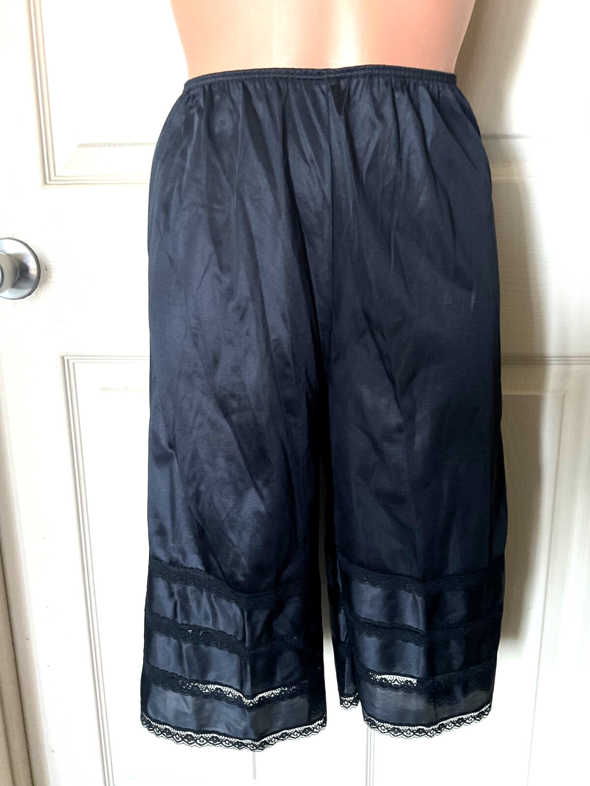 Vintage Sears Black Nylon Slip Bloomers Lace Panel Pettipants Lingerie Sz.Small