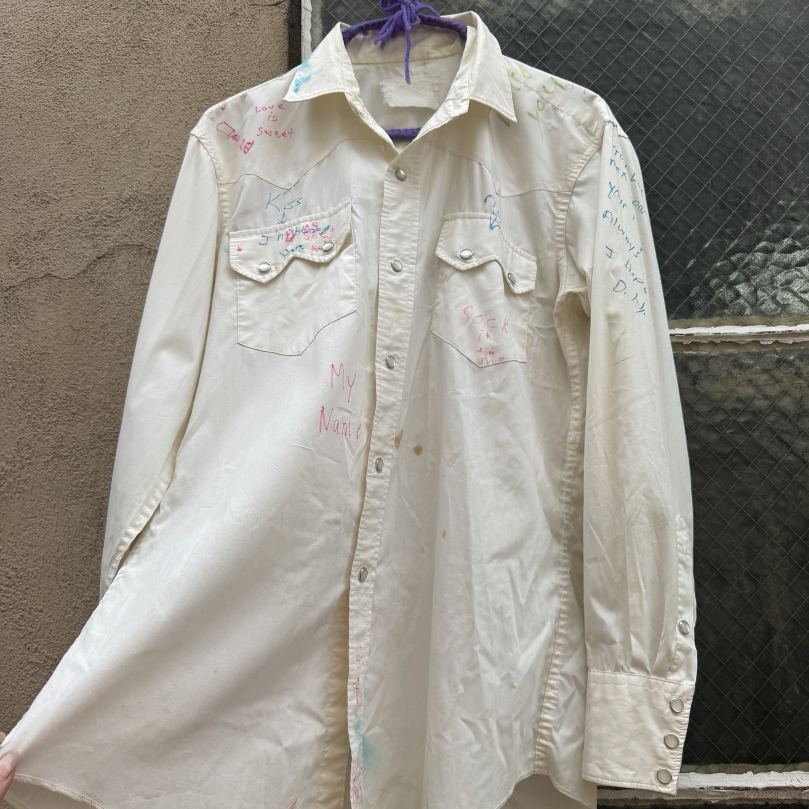 Vintage 1950s Autograph Shirt Cowboy Pearl Buttons Hand Written H Bar C OOAK
