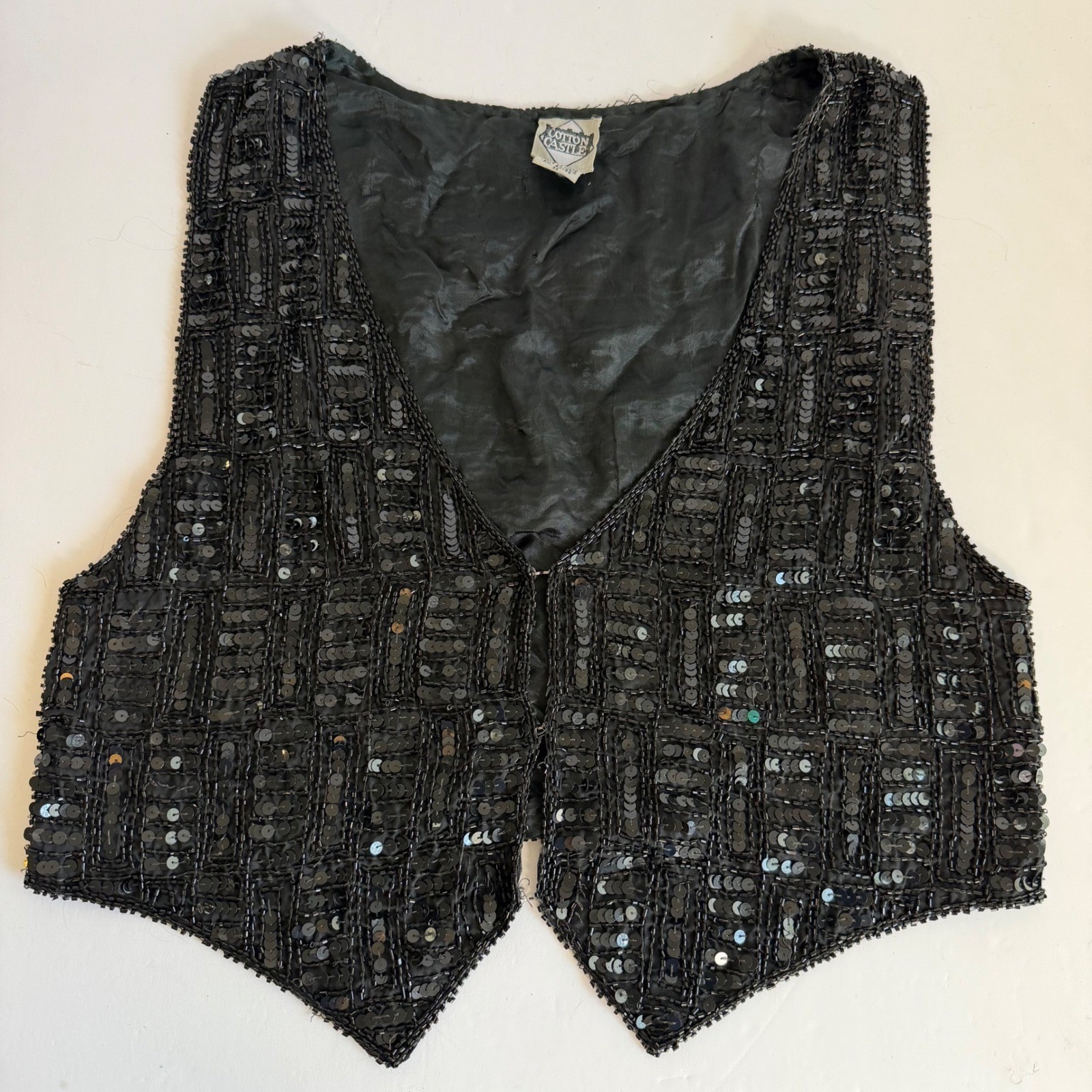 Vintage Silk Beaded Sequin Vest Black Medium Goth Party 90s Glam Witchy