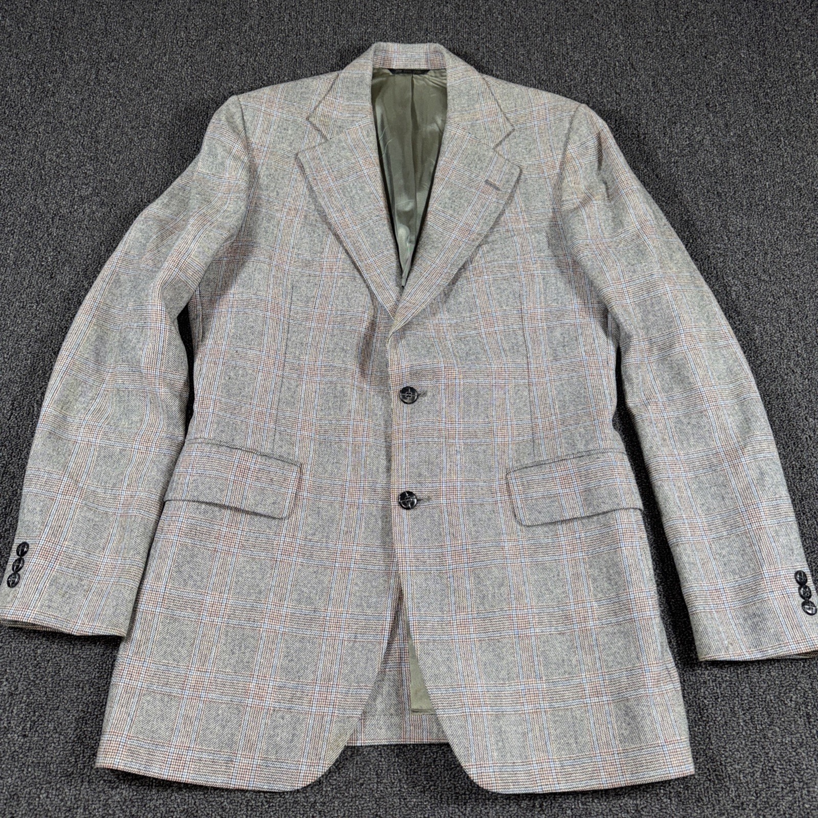 70s Bachrach Wool Glen Plaid Blazer Sport Coat 42L Vtg Lapel Jacket Gray Plaid
