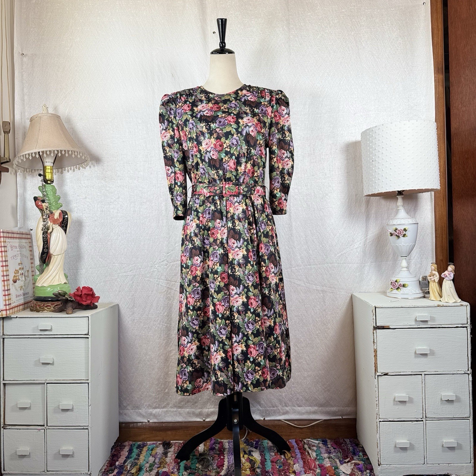 Vtg 80s Cottage Core Dark Romantic Floral Shift Midi Dress 20/18/25 3/4 Slv Belt