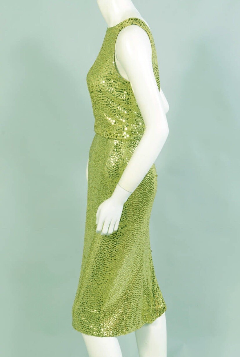 Norman Norell Chartreuse Sequined Mermaid Cocktail Dress Vintage 1950s Authen
