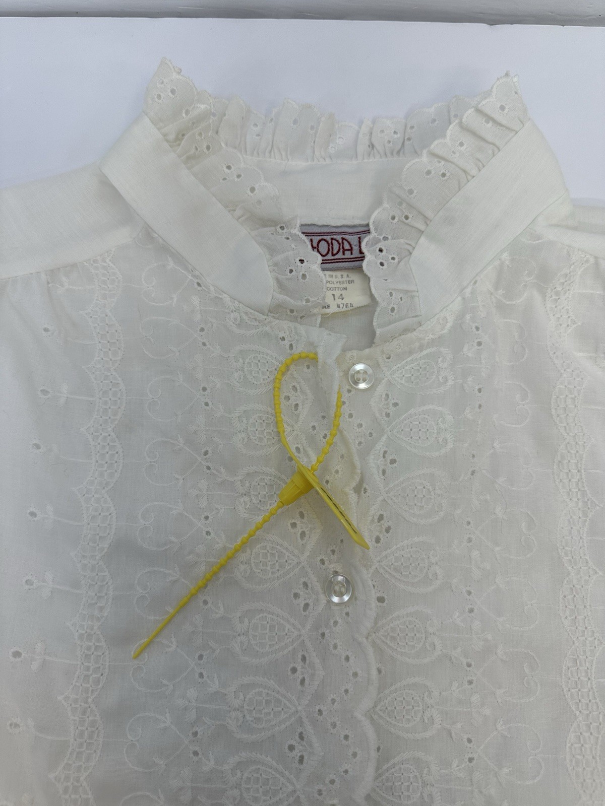 VTG 70s Rhoda Lee Womans Eyelet Lace Blouse Ivory Prairie Button Up 14 USA READ
