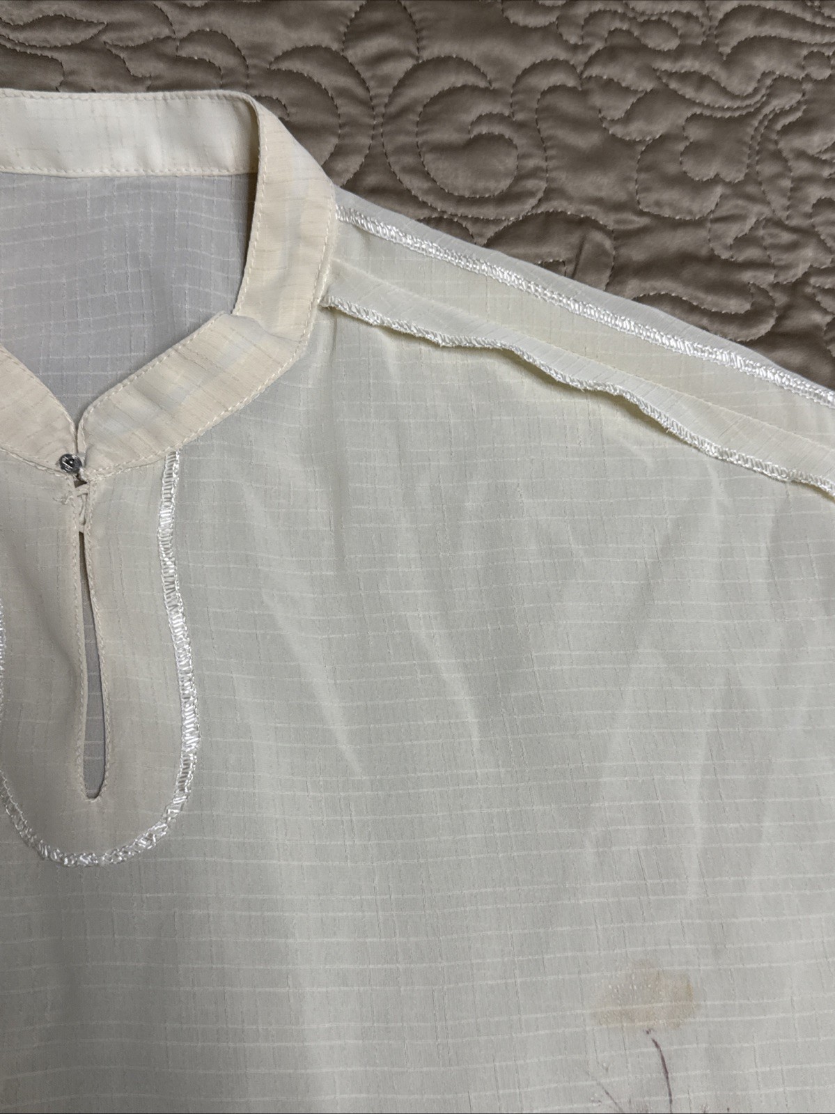 Vintage Hand-Sewn Sheer Blouse Mandarin Collar Floral Motif Artisan Made S/M
