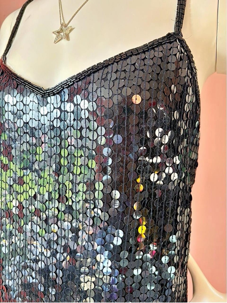 VTG 80s 90s Joan Leslie Black Silk Sequin Beaded Camisole formal Top Cocktail L