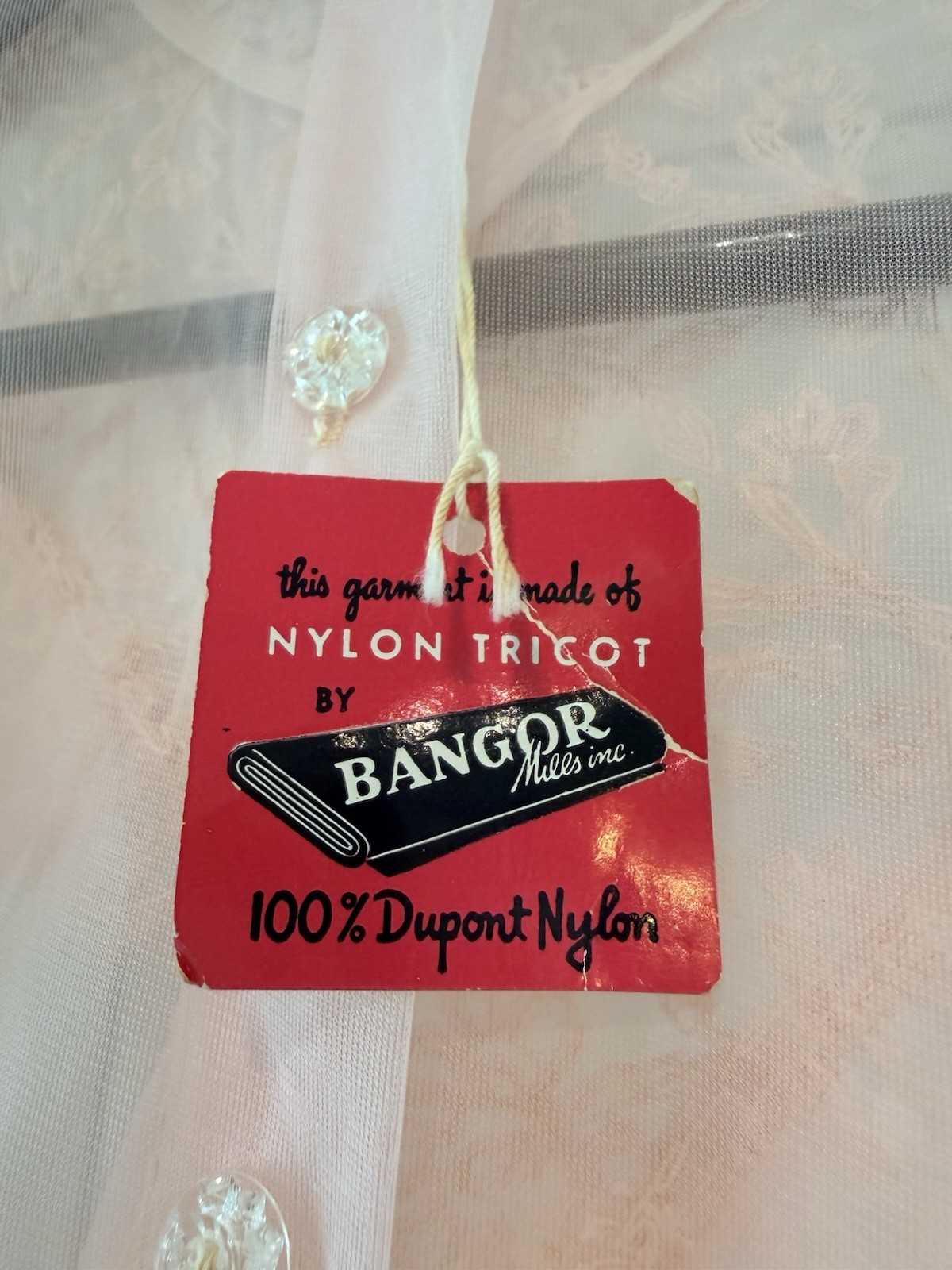 Vintage 50s Sheer Nylon Tricot Blouse Lace Bib Deadstock Bangor Mills Dupont