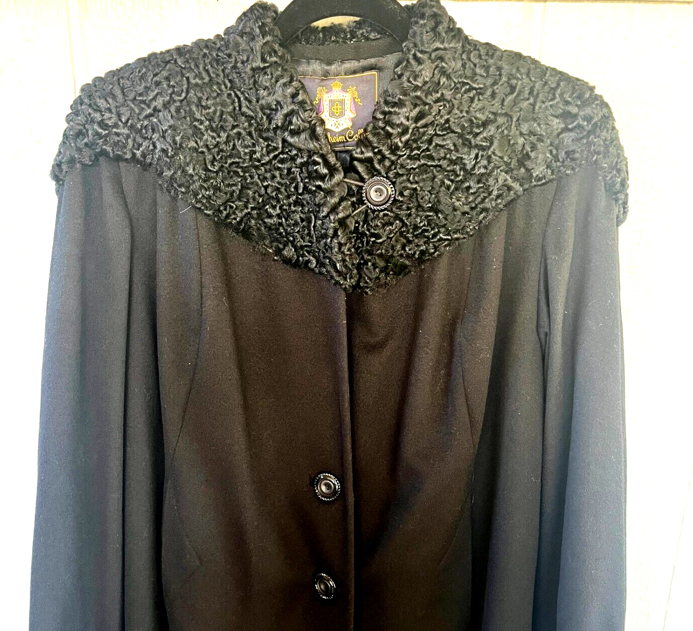 Late 1940s Inky Black Wool Coat, Fabulous Persian Lamb Collar, Excellent, L -XL