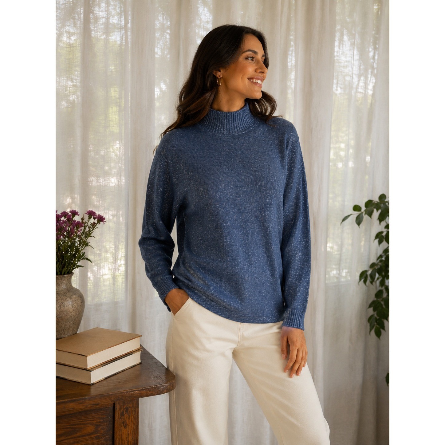 Vintage Blue Metallic Mock Neck Long Sleeve Knit Top Shimmer NWT 90s Broadway
