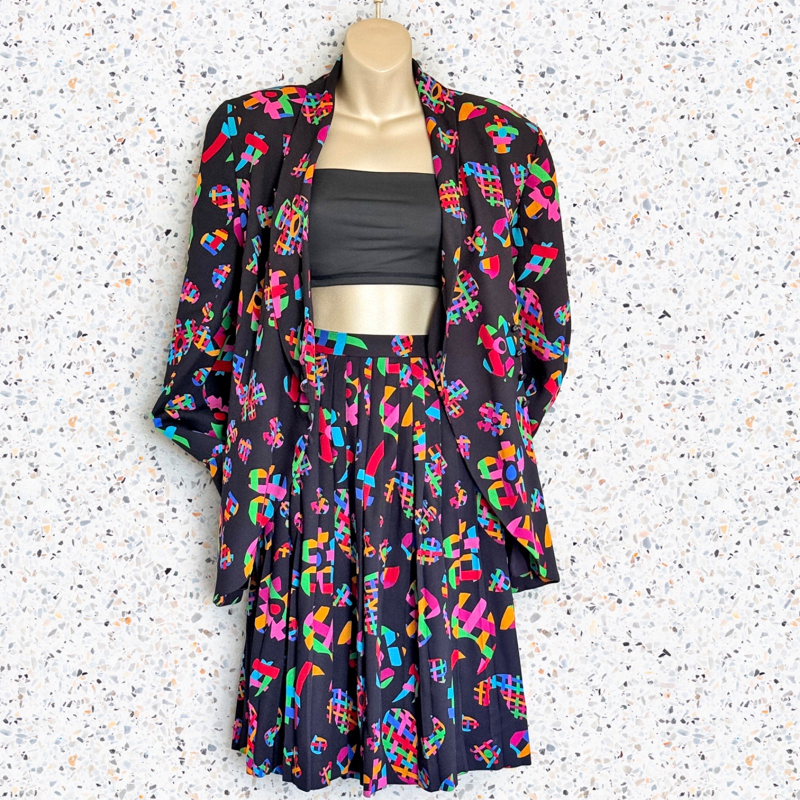 VTG 80s Neon Abstract Pop Art Blazer Pleated Skirt Set Maximalist Doncaster Sz 8