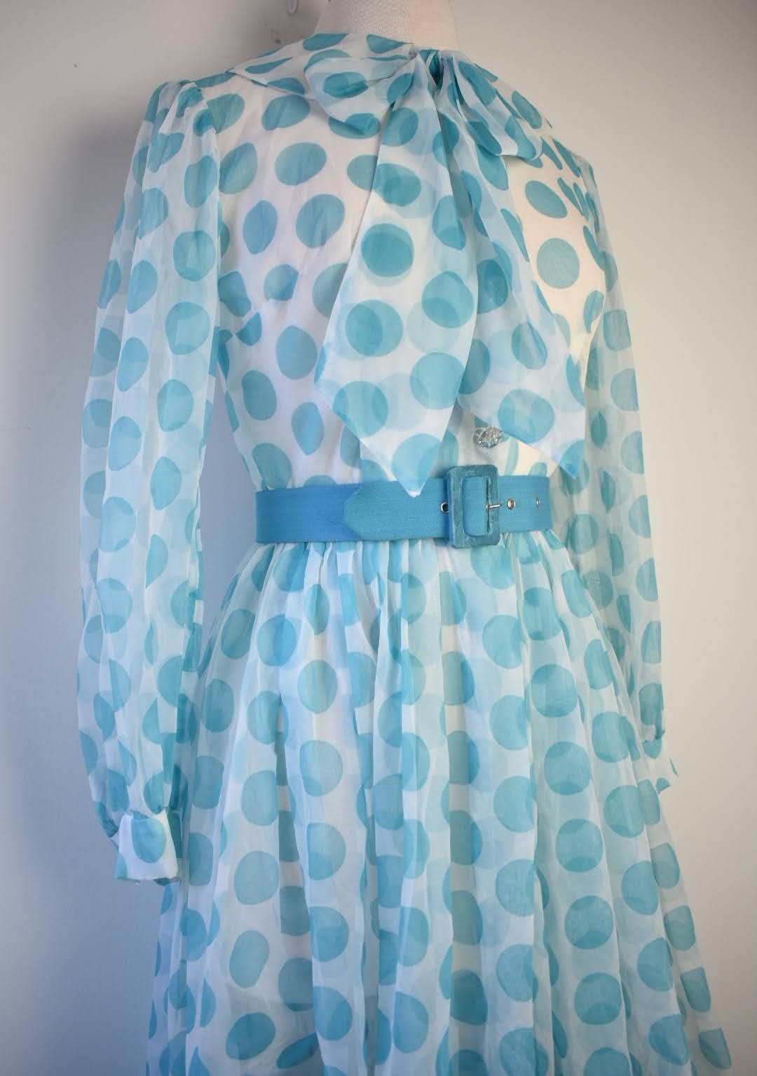 Vintage 1960s Handmade Blue Polka Dot Sheer Belted Dress