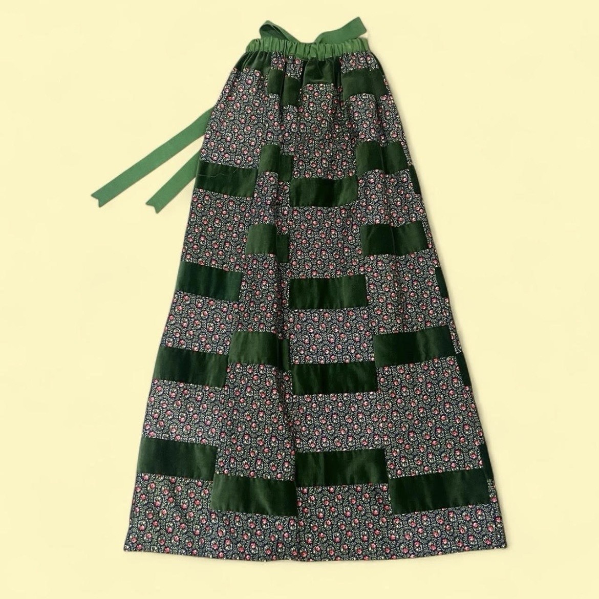 Vintage Mr. Hank Patchwork Maxi Skirt Velvet Floral Green Cottagecore 70s