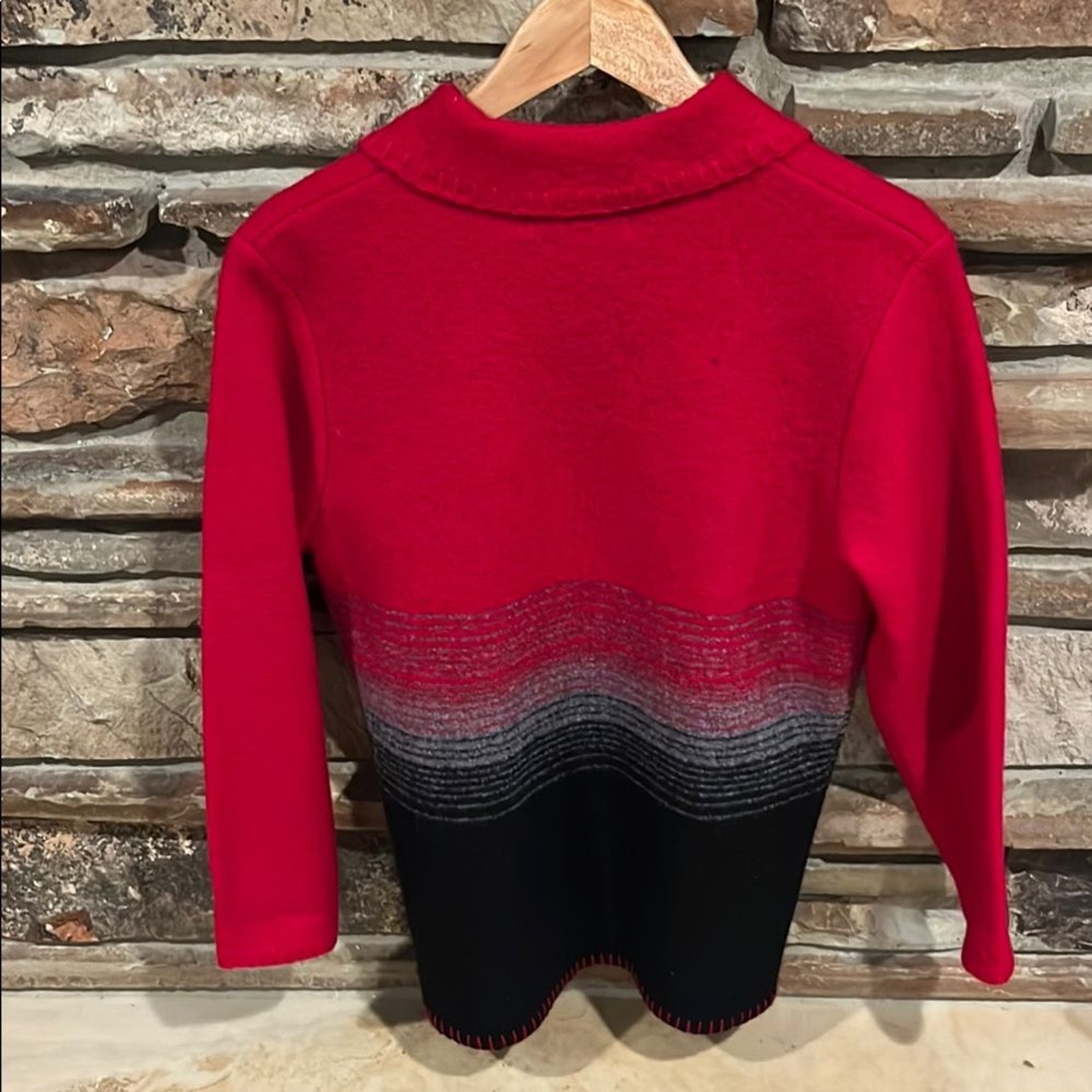 Lisa International Vintage Boiled Wool Red and Black Cardigan Sweater