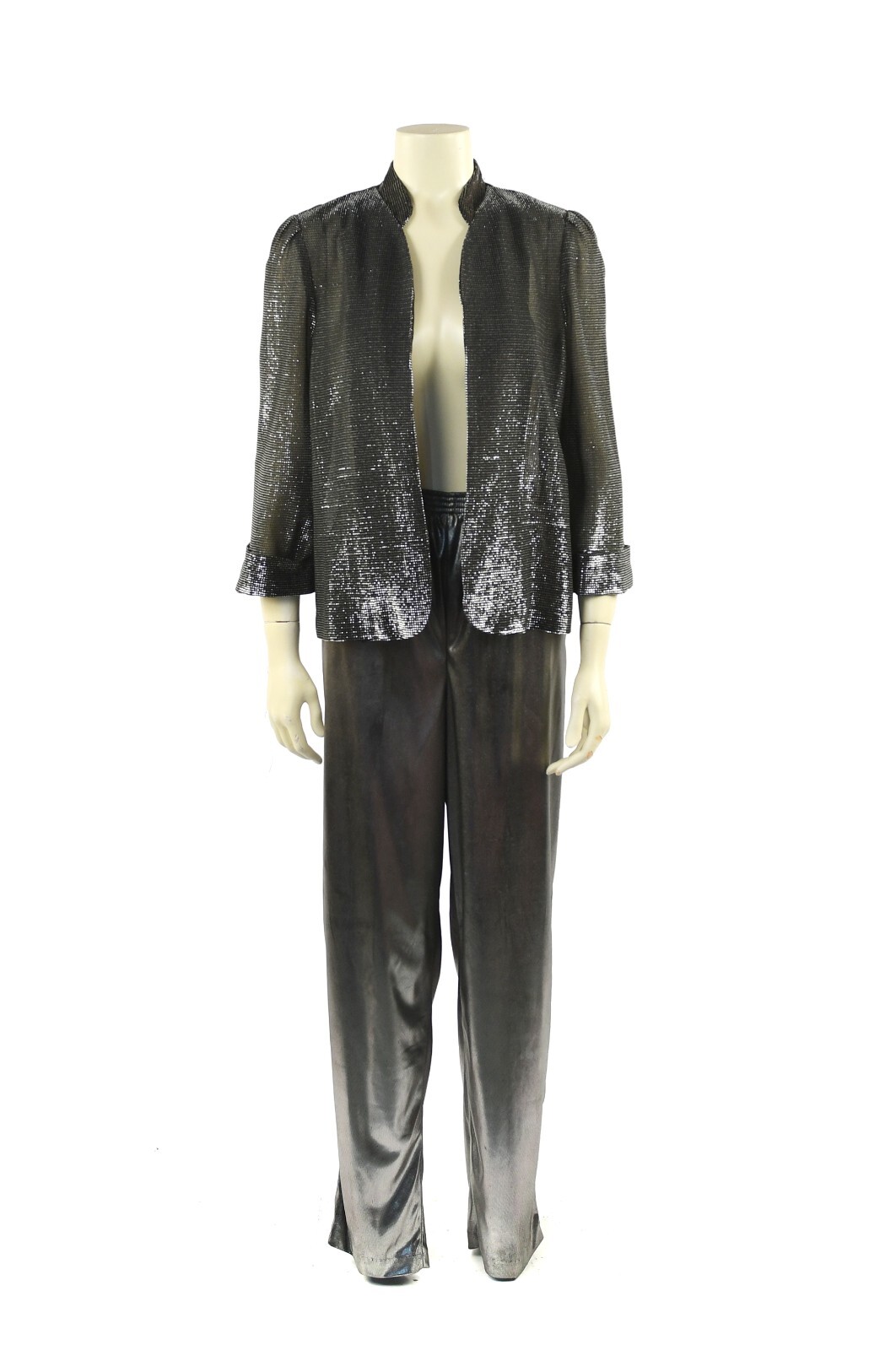 Vintage 80s Black + Silver Metallic Lame Open Disco Jacket Pants Dress Set L