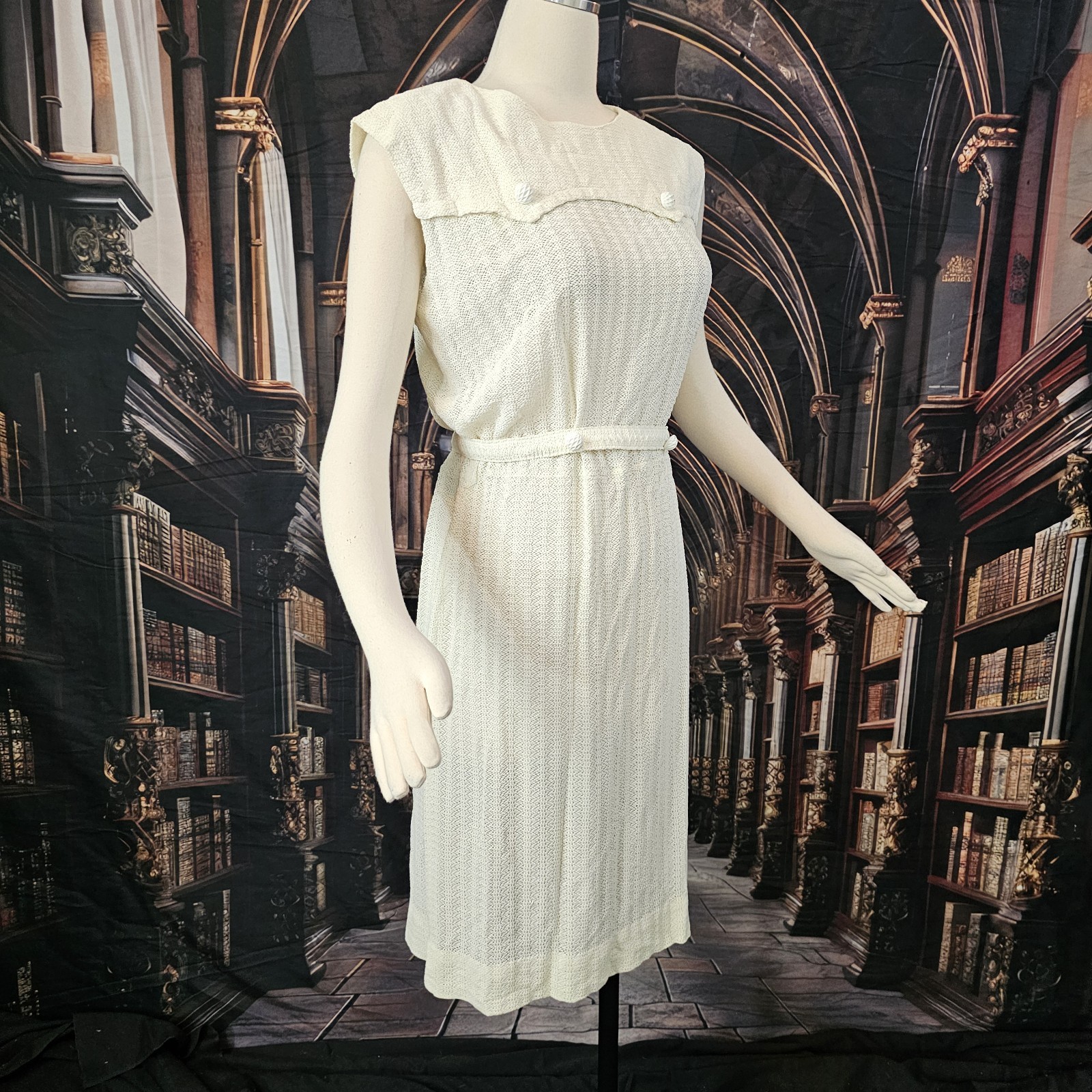 Vintage 1960’s Dress Shift Cream Knit Belt Sleeveless Retro Pinup