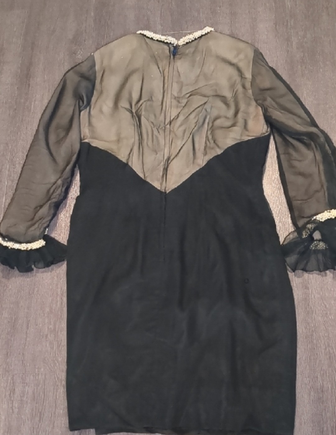 Vintage 60s Lilli Diamond Black Sheer Long Sleeve Wiggle Dress Pearl Beaded